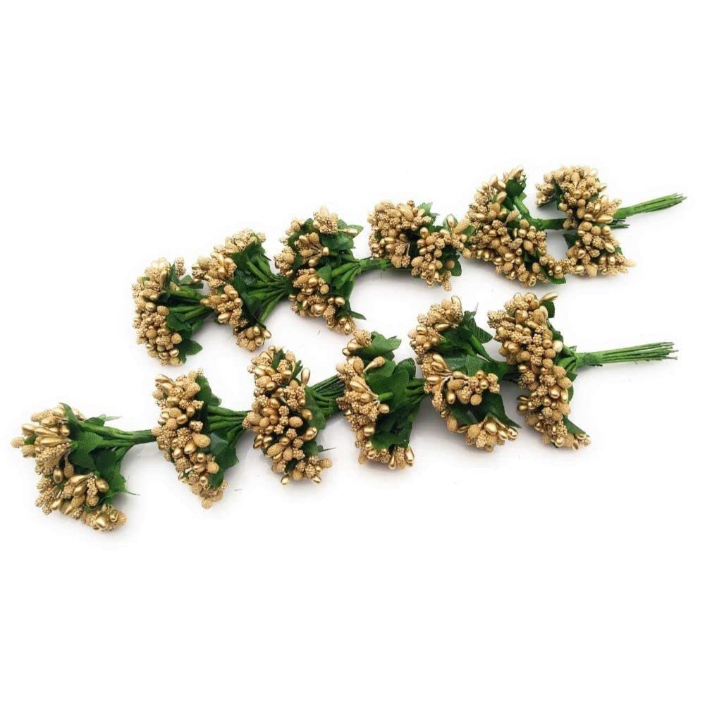 12 Bunch Decorative Artificial Gold Pollen Flower Perfect for Tiara, Wedding Jewelry & DIY Making Flowers for Bouquet, Hamper, Trousseau Decoration Items(12 Bunch of 144 Pollen Each)