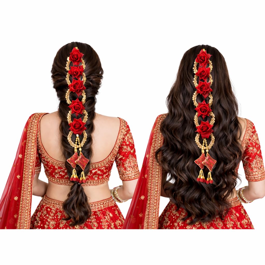 Handmade Punjabi Paranda for Women – Traditional Patiala Shahi Hair Parandi/Braid Extension Choti with Tassels, Bridal & Festive Ethnic Hair Accessory (Maroon Rose) Pack of 2