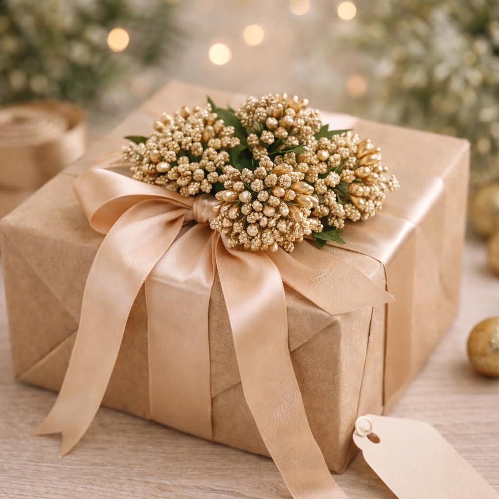 12 Bunch Decorative Artificial Gold Pollen Flower Perfect for Tiara, Wedding Jewelry & DIY Making Flowers for Bouquet, Hamper, Trousseau Decoration Items(12 Bunch of 144 Pollen Each)