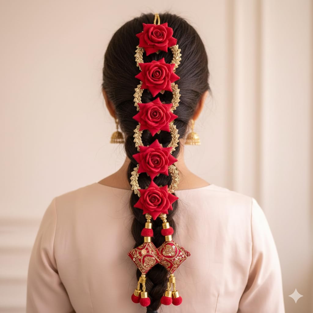 Red Rose Punjabi Paranda with Golden Embellishments and Decorative Tassels, Traditional Hair Accessory for Women (1Pc)