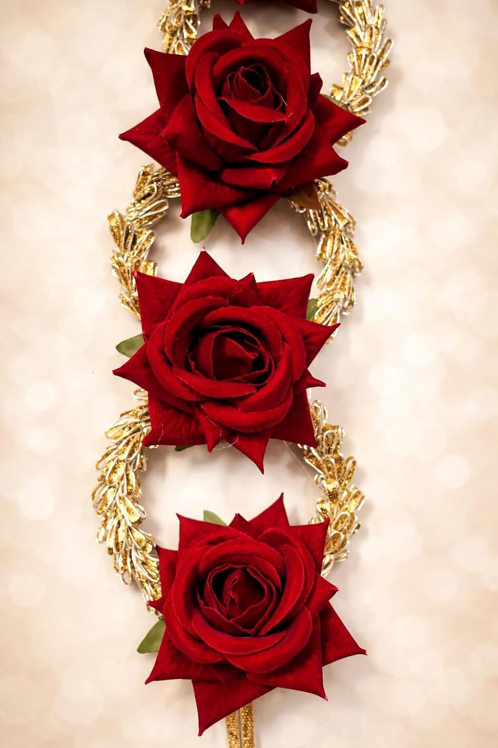 Red Rose Punjabi Paranda with Golden Embellishments and Decorative Tassels, Traditional Hair Accessory for Women (1Pc)