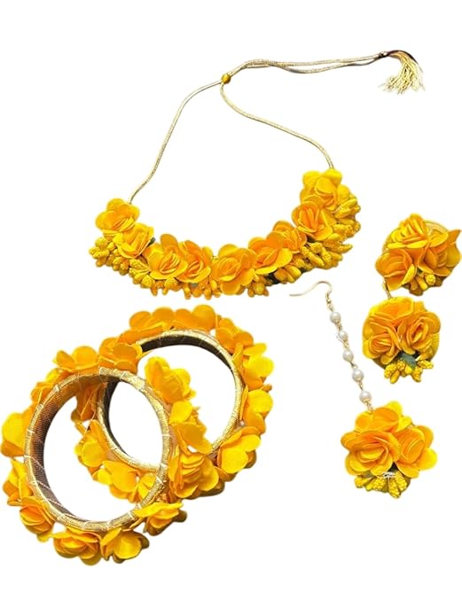 Artificial Flower Jewellery Set for haldi | Mehndi | Baby Shower | Set of Flower Bangles, Earrings, Mangtika and Necklace.Yellow