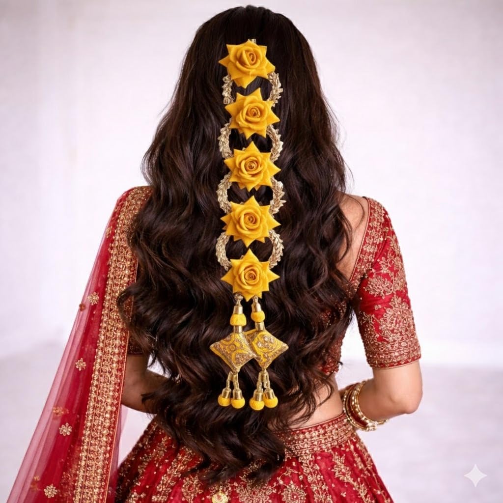 Hair Extensions Punjabi Paranda with Vibrant Yellow Artificial Foam Rose, Traditional Hair Accessory, 1 Pc