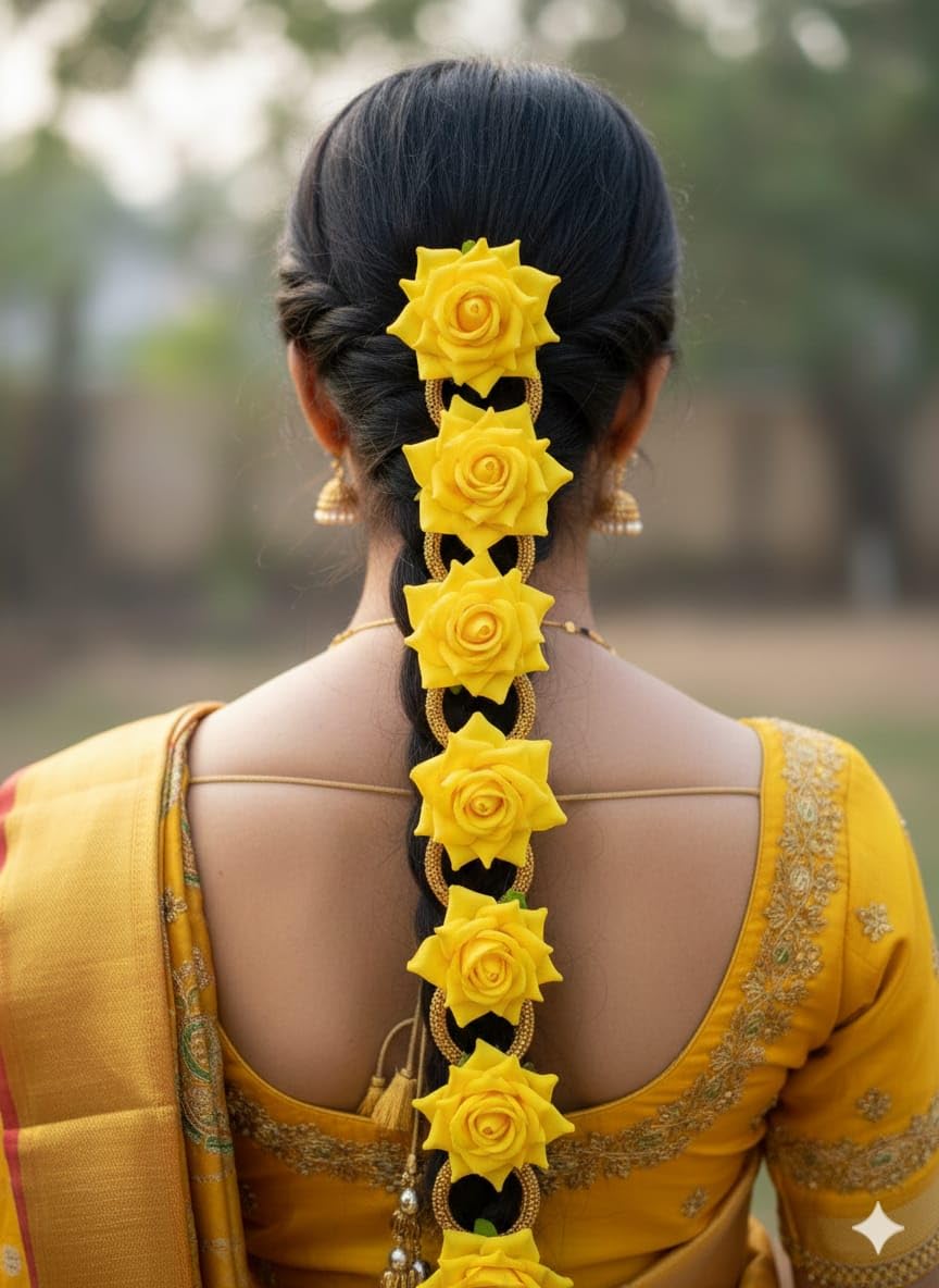 Hair Extensions Punjabi Paranda with Vibrant Yellow Artificial Foam Rose, Traditional Hair Accessory, 1 Pc