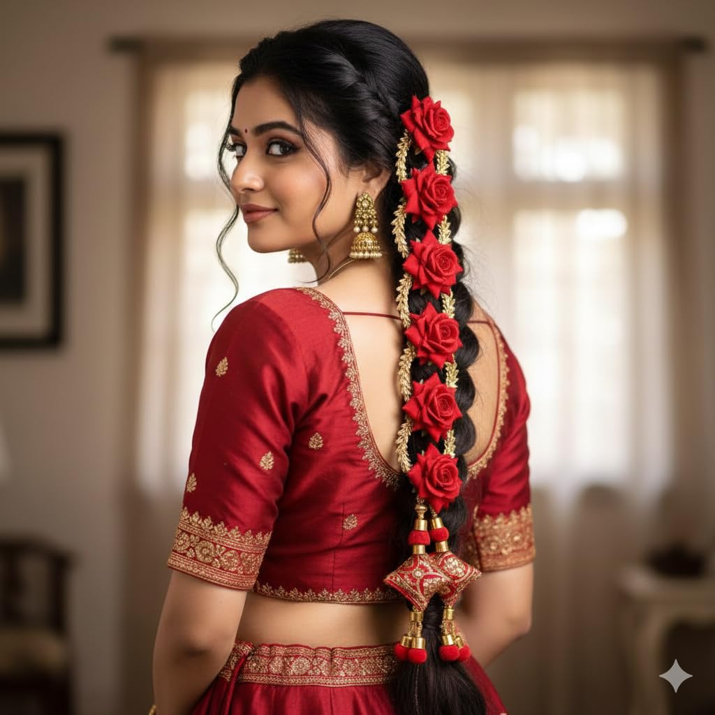 Red Rose Punjabi Paranda with Golden Embellishments and Decorative Tassels, Traditional Hair Accessory for Women (1Pc)