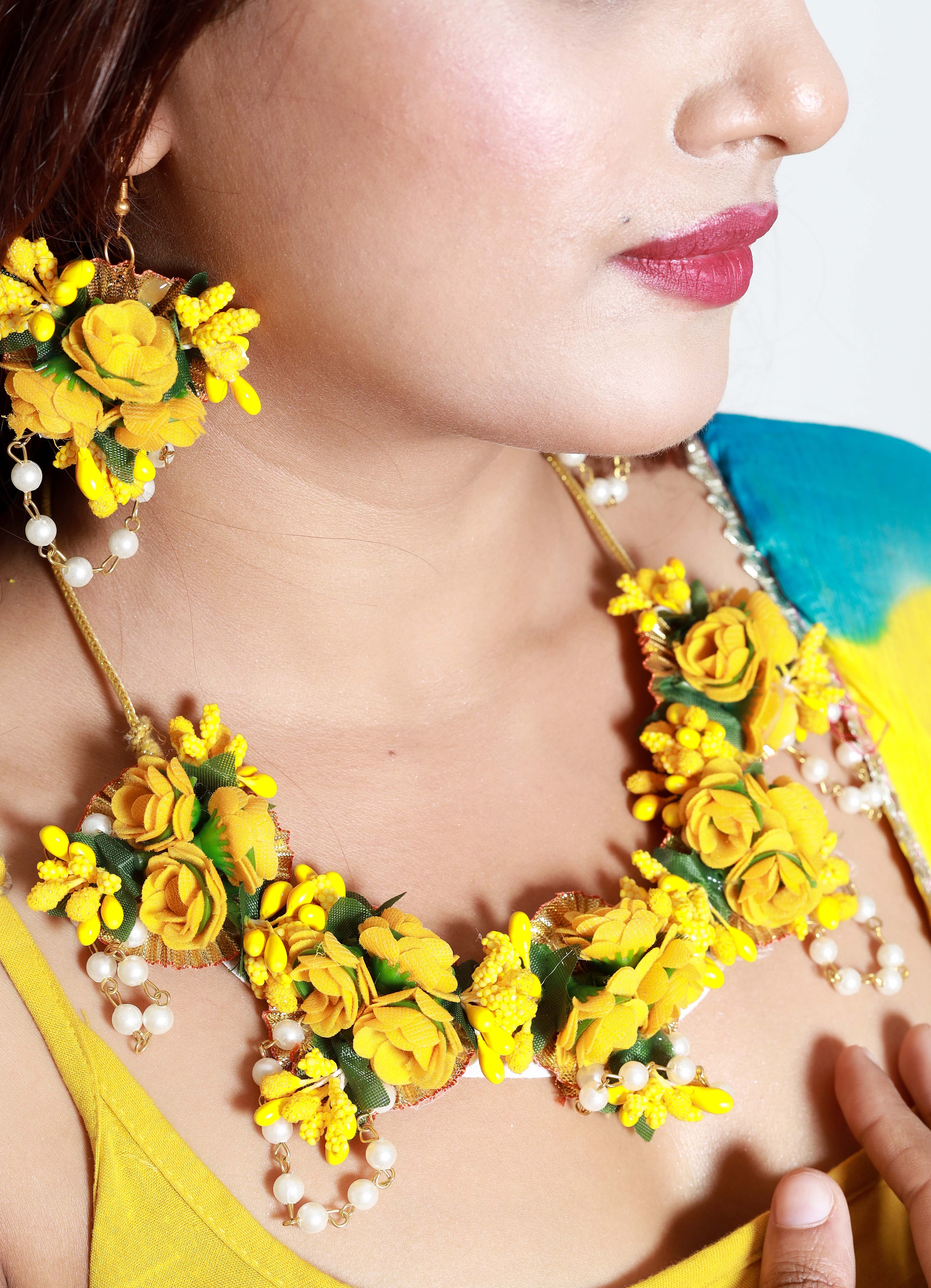 Handmade Yellow Floral Jewelry Set with Pearl Detailing, Maang Tikka & Earrings for Haldi & Mehendi