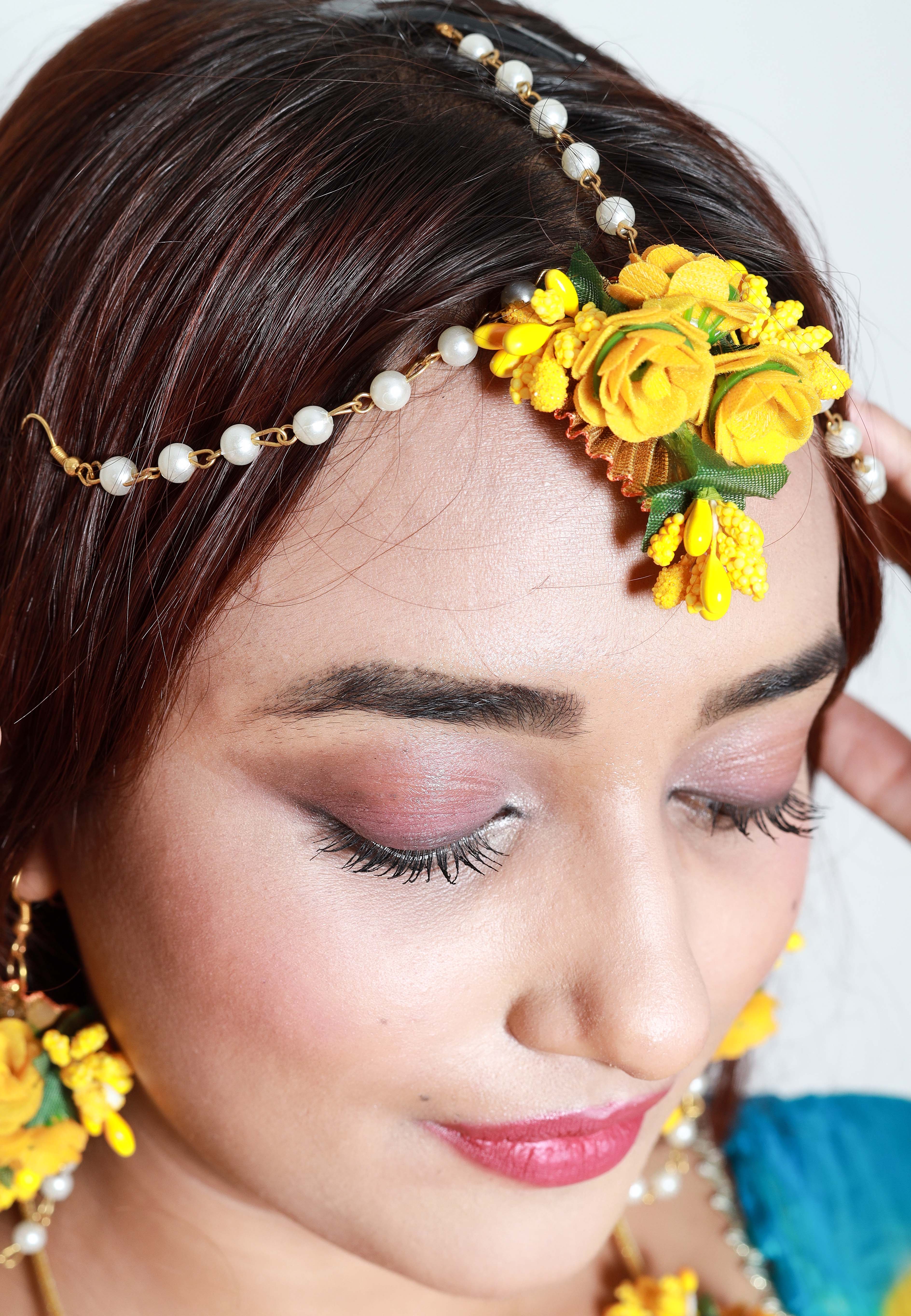 Handmade Yellow Floral Jewelry Set with Pearl Detailing, Maang Tikka & Earrings for Haldi & Mehendi