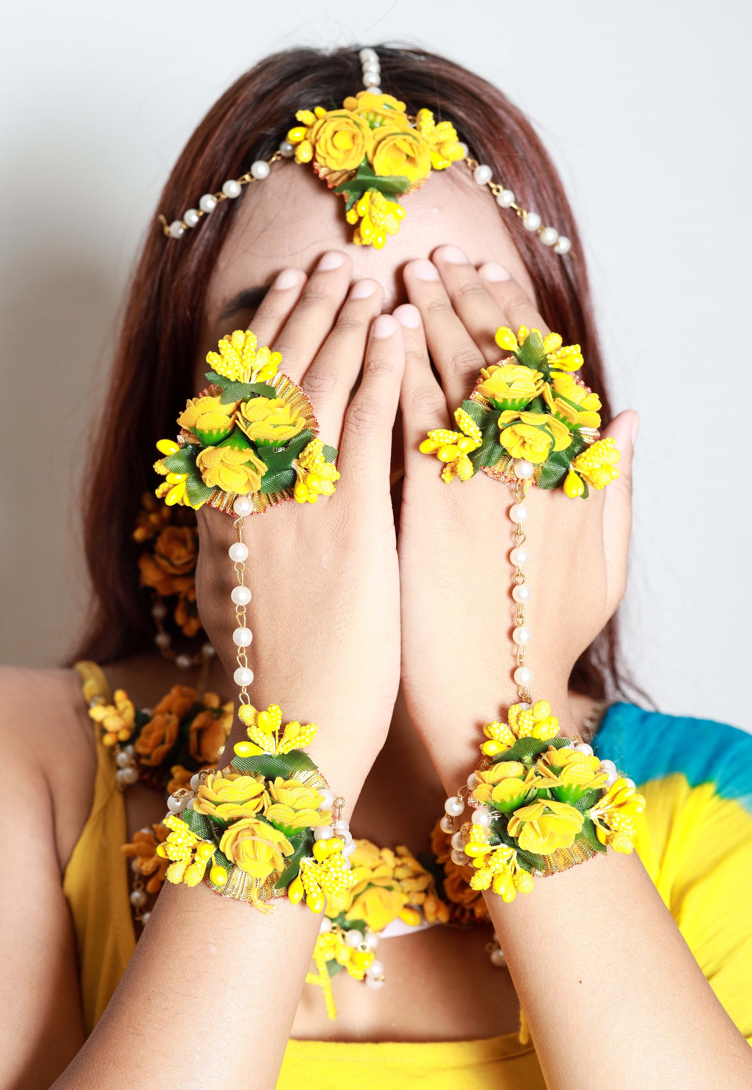 Handmade Yellow Floral Jewelry Set with Pearl Detailing, Maang Tikka & Earrings for Haldi & Mehendi