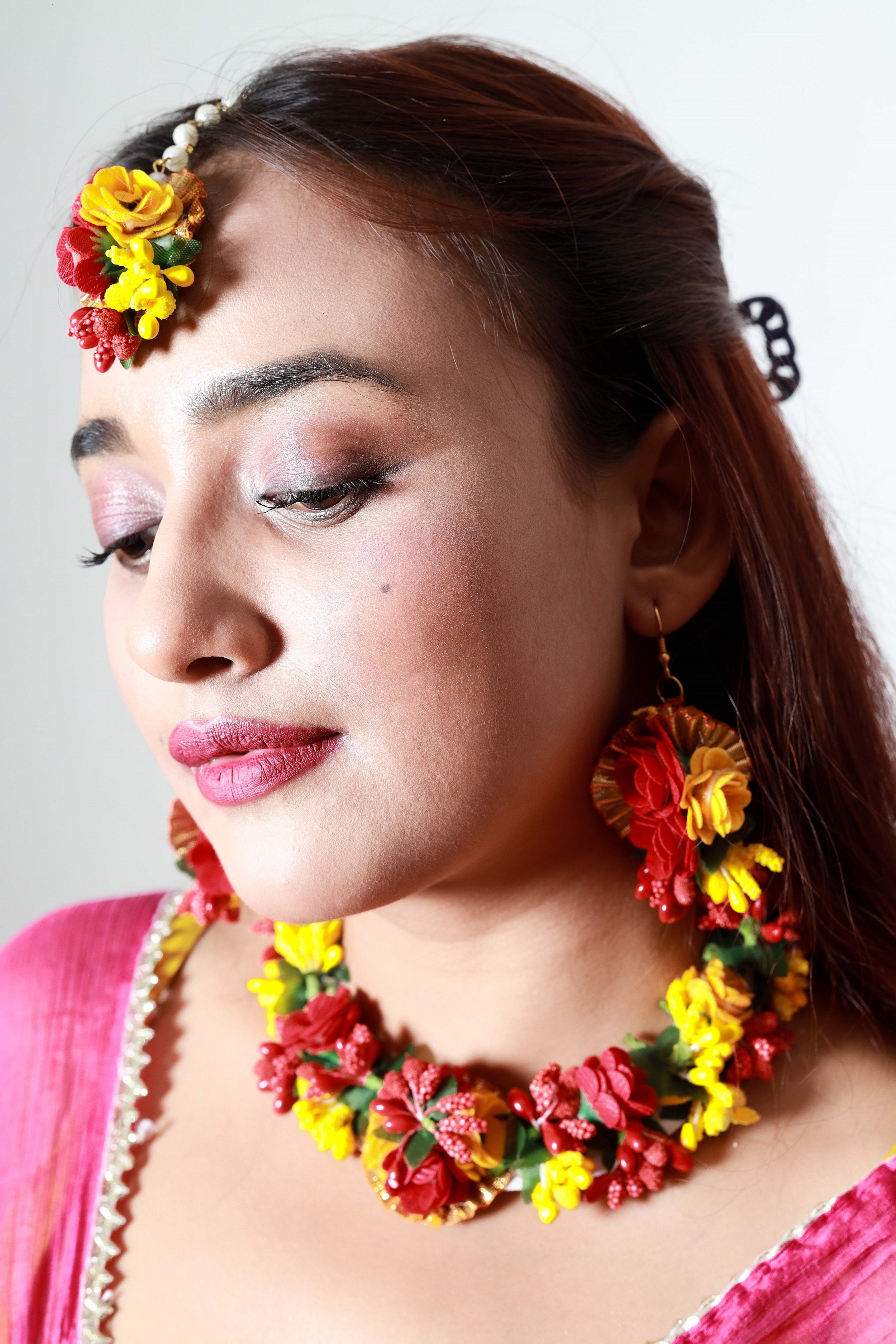 Handmade Red Yellow Floral Choker Set with Matching Earrings & Maang Tikka for Haldi, Mehendi & Bridal Functions