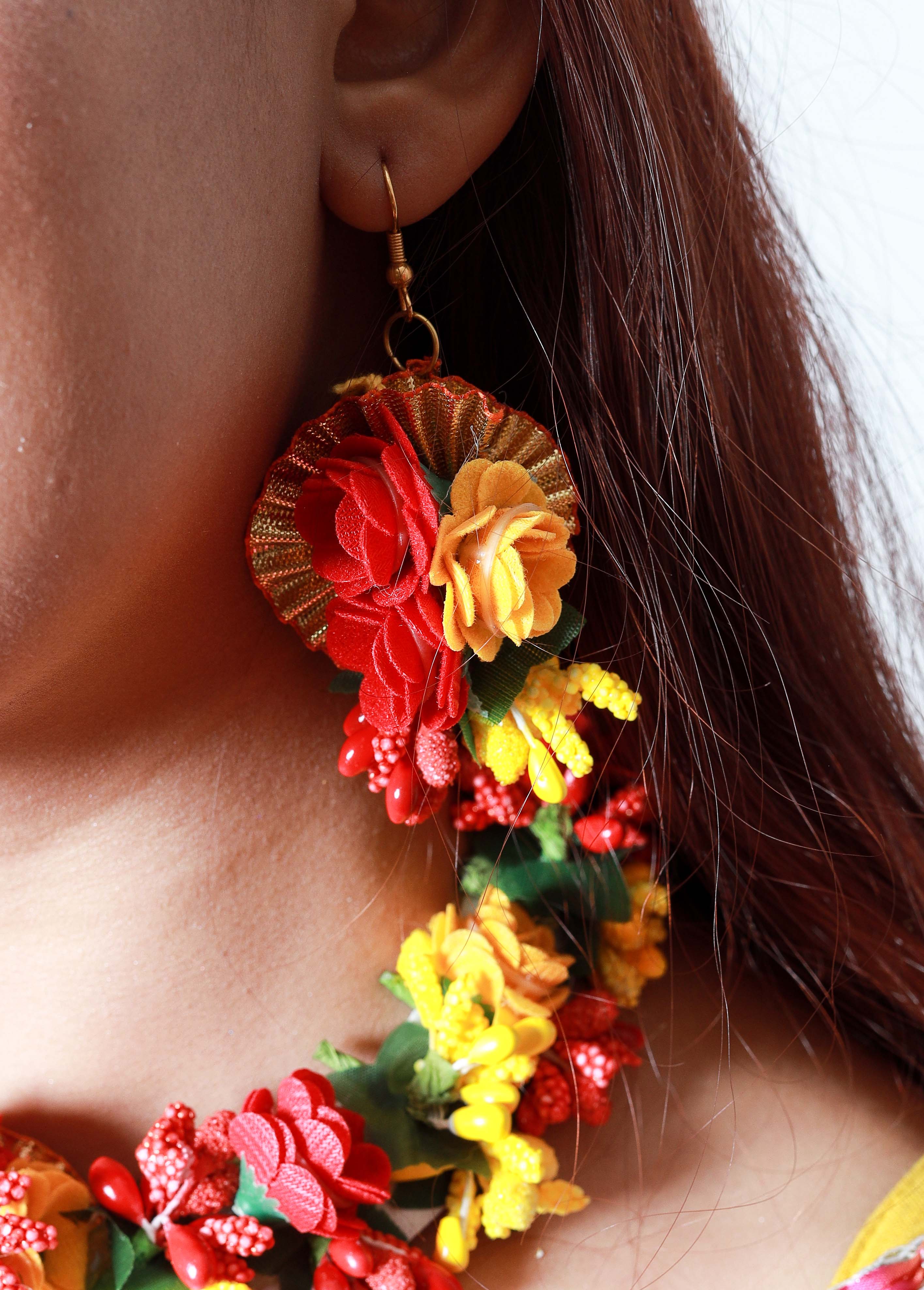 Handmade Red Yellow Floral Choker Set with Matching Earrings & Maang Tikka for Haldi, Mehendi & Bridal Functions