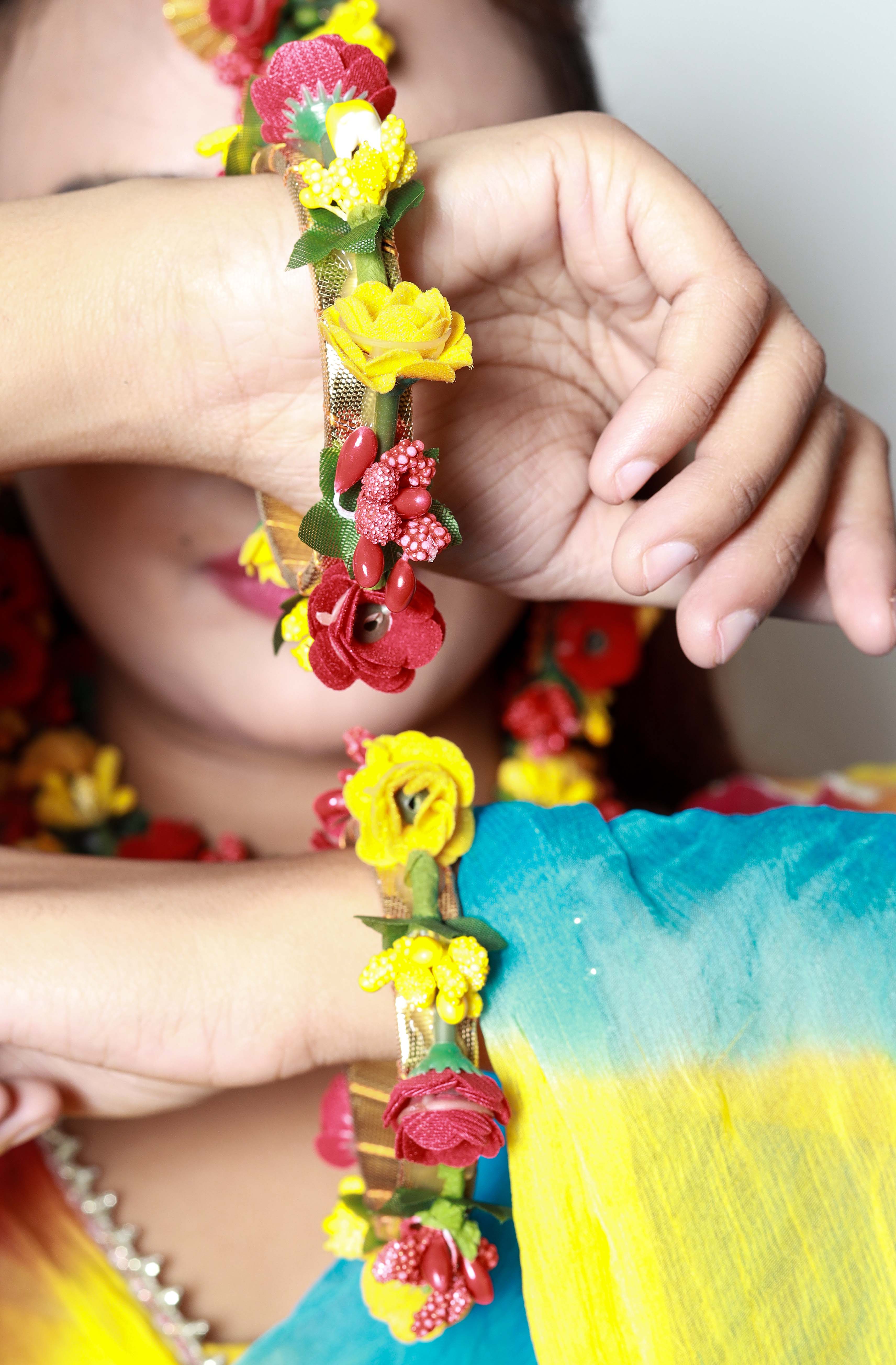 Handmade Red Yellow Floral Choker Set with Matching Earrings & Maang Tikka for Haldi, Mehendi & Bridal Functions