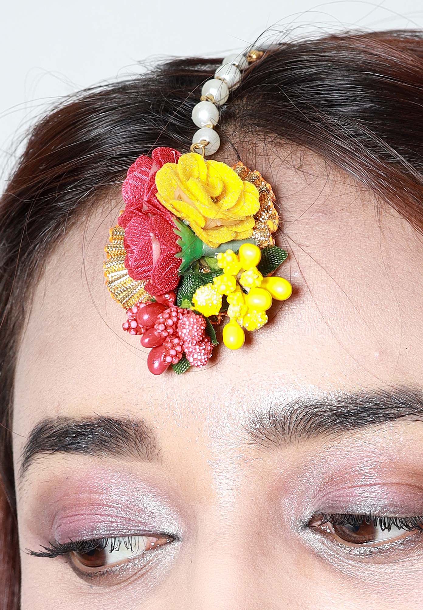 Handmade Red Yellow Floral Choker Set with Matching Earrings & Maang Tikka for Haldi, Mehendi & Bridal Functions
