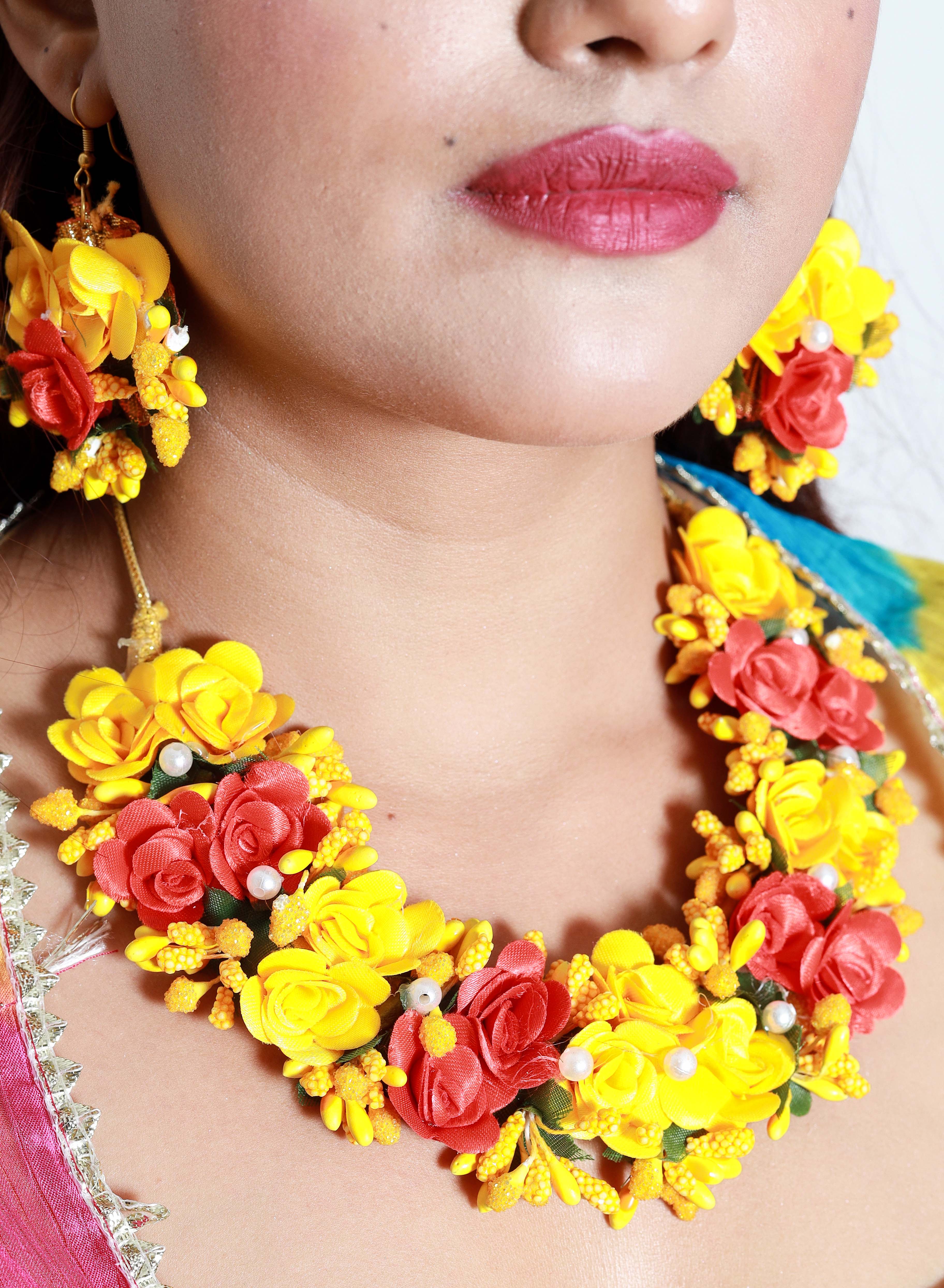 Handmade Yellow Red Floral Necklace Set with Matching Earrings for Haldi, Mehendi & Bridal Functions