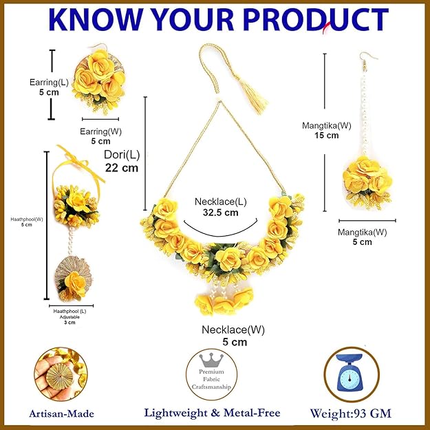 Flowers Jewellery Set For Haldi Gota Patti Necklace, Earrings, Bracelet & Maang Tika for Women & Girls (Mehandi/Haldi/Wedding/Bridal/Baby Shower)