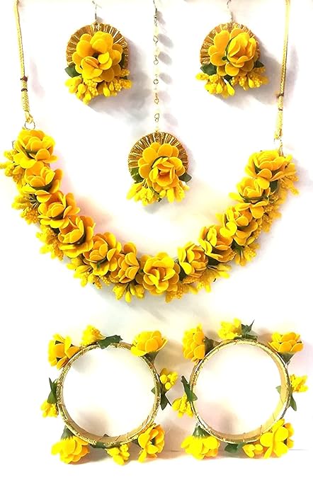 Floral Jewellery Set for Women | Haldi Jewellery Set with Necklace, Earrings & Bangles | Artificial Flower Jewelry for Mehendi, Wedding, Bridal