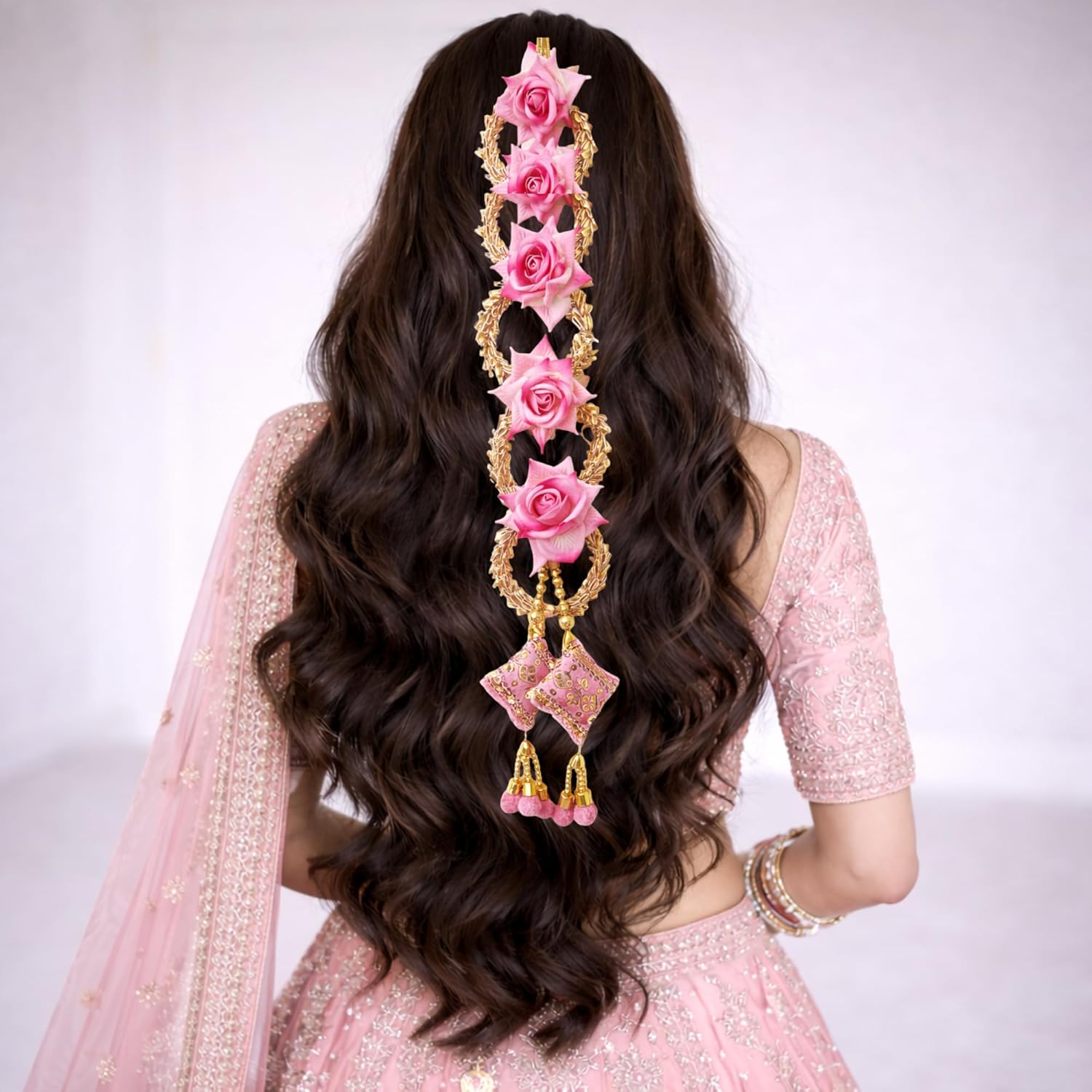 Handmade Punjabi Paranda for Women – Traditional Patiala Shahi Hair Parandi/Braid Extension Choti with Tassels, Bridal & Festive Ethnic Hair Accessory (Pink Rose) Combo of 2 pcs pack pink color