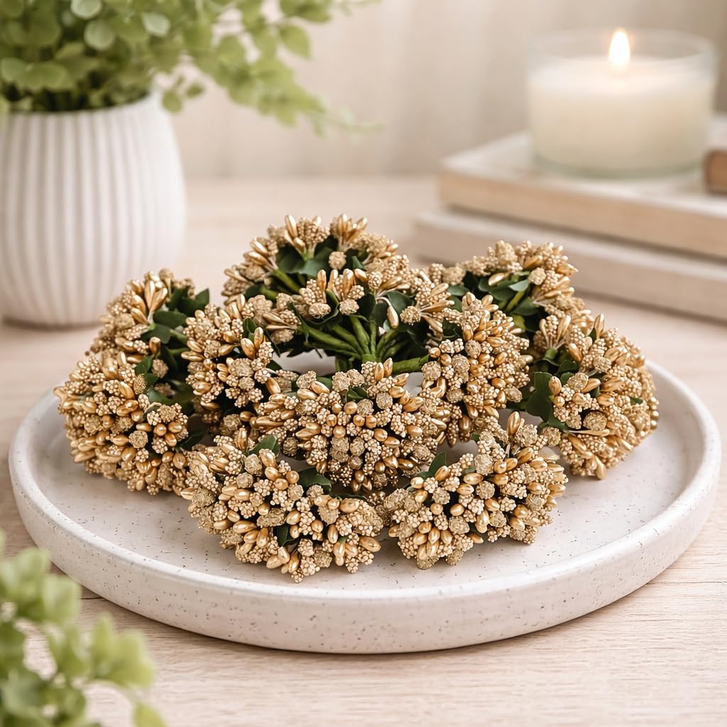 12 Bunch Decorative Artificial Gold Pollen Flower Perfect for Tiara, Wedding Jewelry & DIY Making Flowers for Bouquet, Hamper, Trousseau Decoration Items(12 Bunch of 144 Pollen Each)
