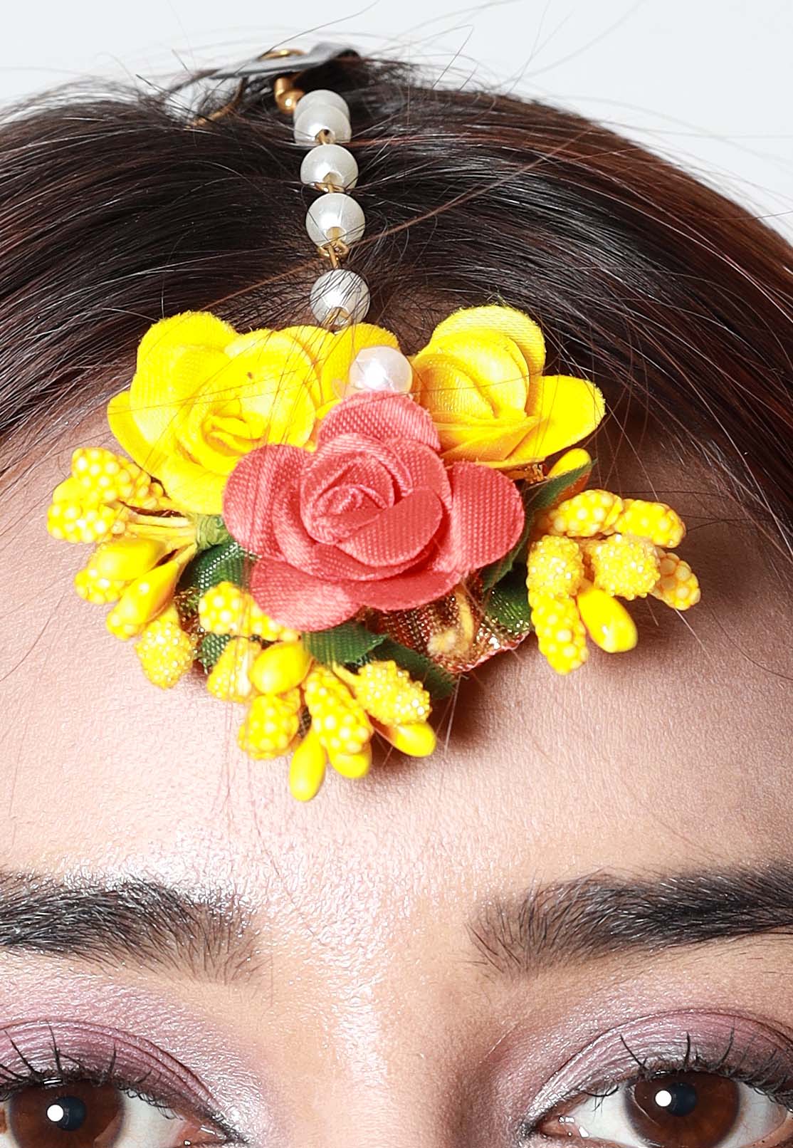 Handmade Yellow Red Floral Necklace Set with Matching Earrings for Haldi, Mehendi & Bridal Functions