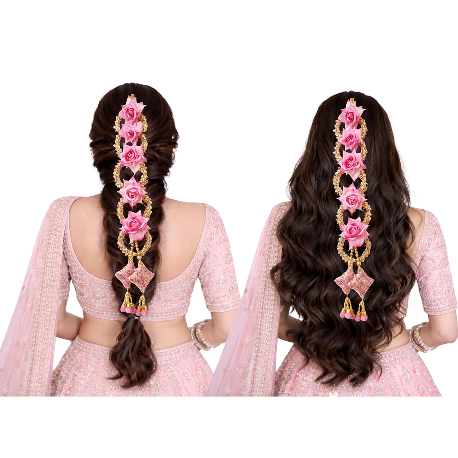 Handmade Punjabi Paranda for Women – Traditional Patiala Shahi Hair Parandi/Braid Extension Choti with Tassels, Bridal & Festive Ethnic Hair Accessory (Pink Rose) Combo of 2 pcs pack pink color