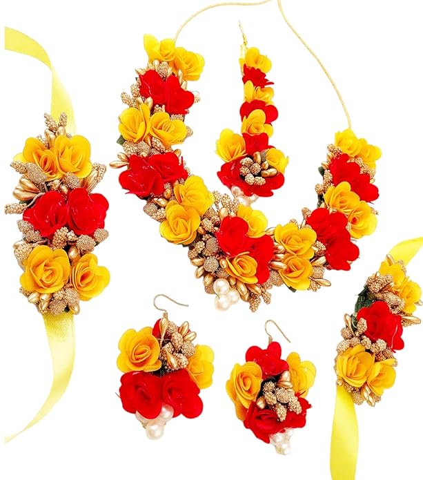 Floral Flower Jewellery Set for Brides & Bridesmaids | Necklace, Earrings, Bracelet & Maang Tikka | Bridal Jewellery for Haldi, Mehndi, Wedding & Baby Shower Functions