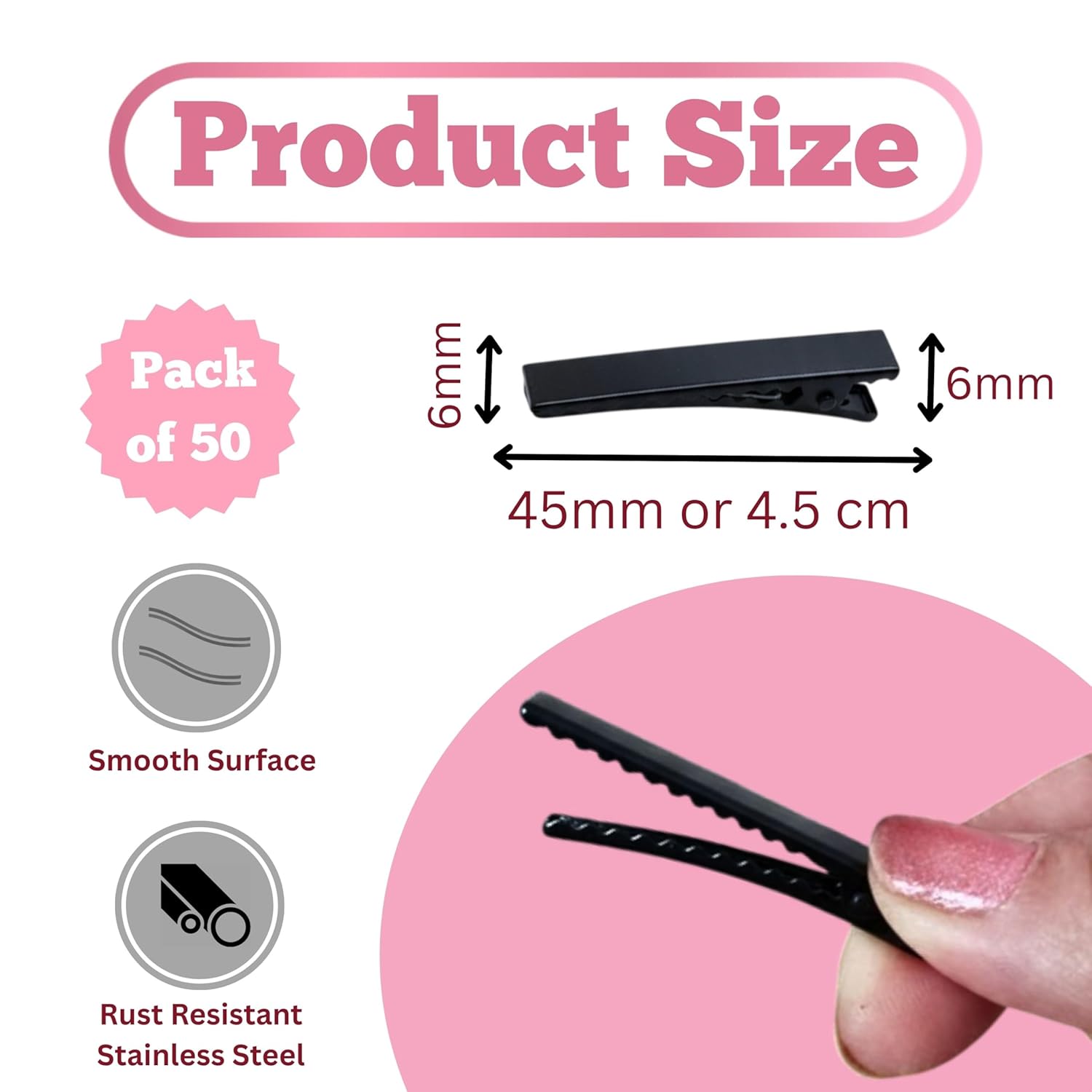 Black Single Prong Alligator Hair Clips Base for DIY Hair Accessories, Barrette Hair Clips for Bow Making, Salon, and Hair Styling (Black Flat (4.5 CM), Pack of 50)