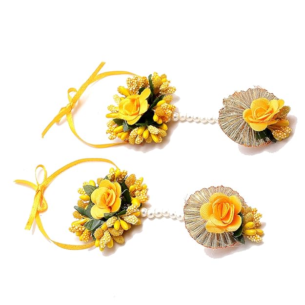 Flowers Jewellery Set For Haldi Gota Patti Necklace, Earrings, Bracelet & Maang Tika for Women & Girls (Mehandi/Haldi/Wedding/Bridal/Baby Shower)