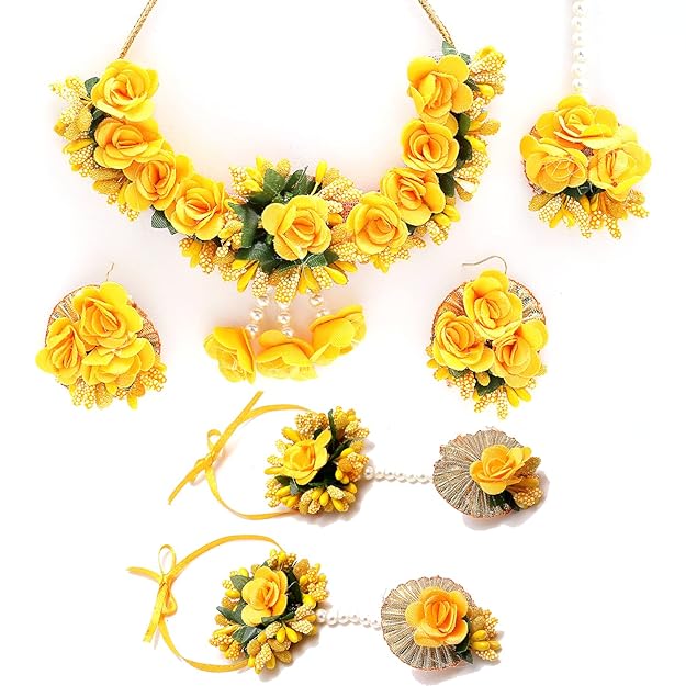 Flowers Jewellery Set For Haldi Gota Patti Necklace, Earrings, Bracelet & Maang Tika for Women & Girls (Mehandi/Haldi/Wedding/Bridal/Baby Shower)