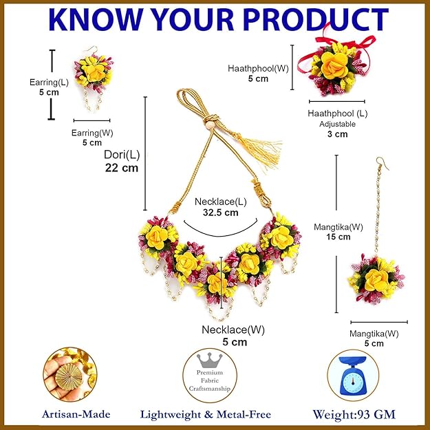 Flowers Jewellery Set For Haldi Gota Patti Necklace, Earrings, Bracelet & Maang Tika for Women & Girls (Mehandi/Haldi/Wedding/Bridal/Baby Shower)