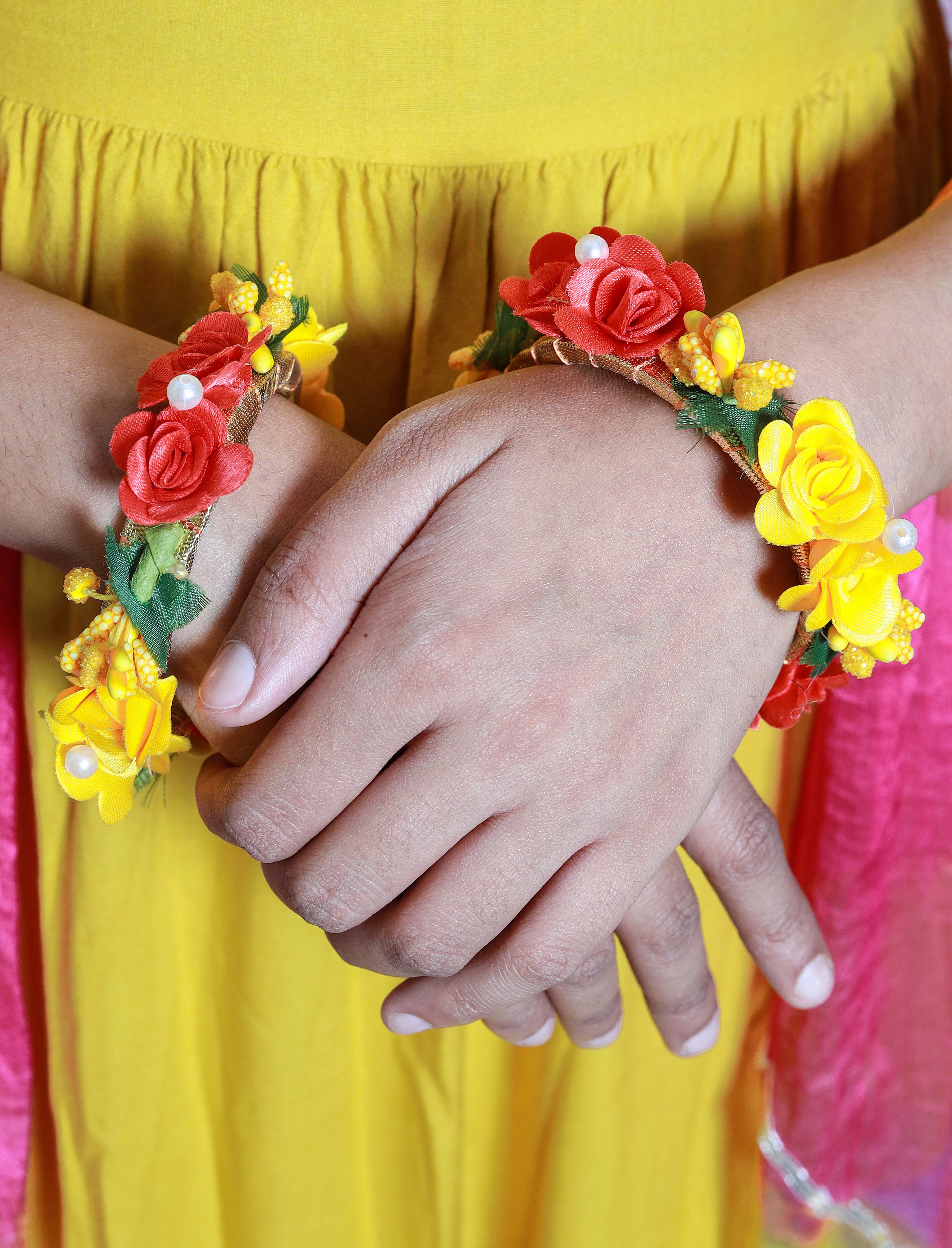 Handmade Yellow Red Floral Necklace Set with Matching Earrings for Haldi, Mehendi & Bridal Functions