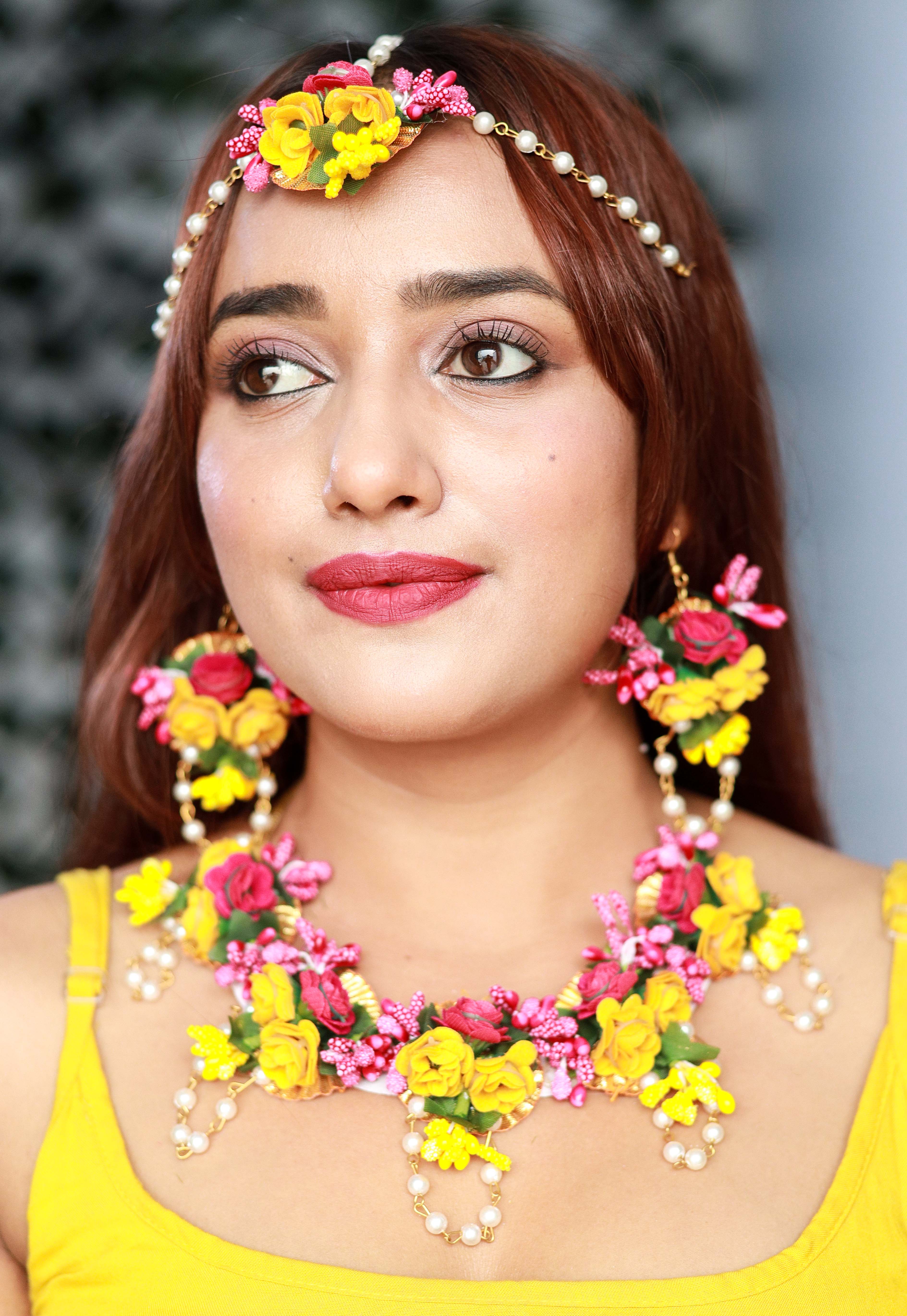 Handmade Pink Yellow Floral Jewelry Set with Pearl Detailing, Earrings & Maang Tikka for Haldi & Mehendi