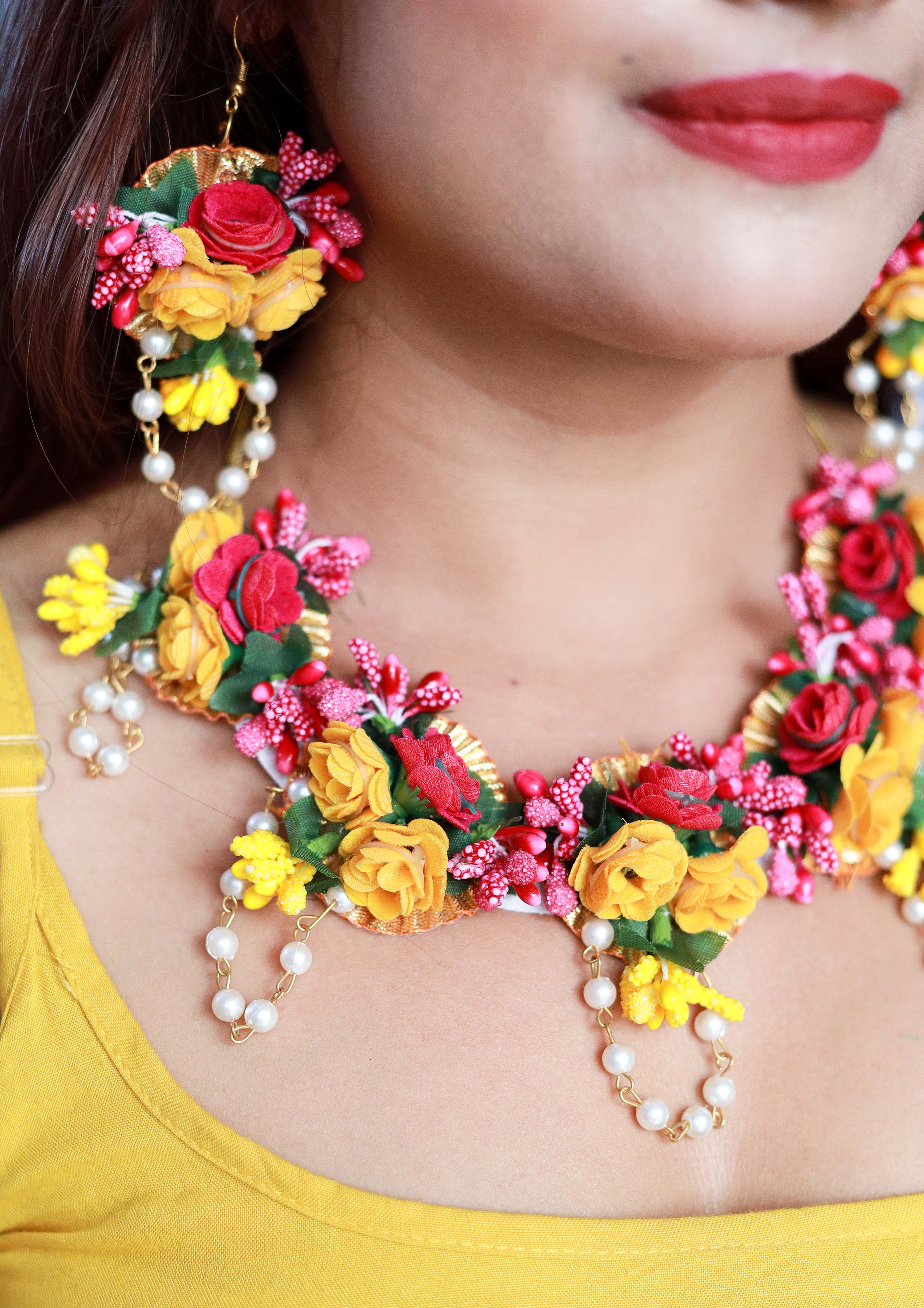 Handmade Pink Yellow Floral Jewelry Set with Pearl Detailing, Earrings & Maang Tikka for Haldi & Mehendi