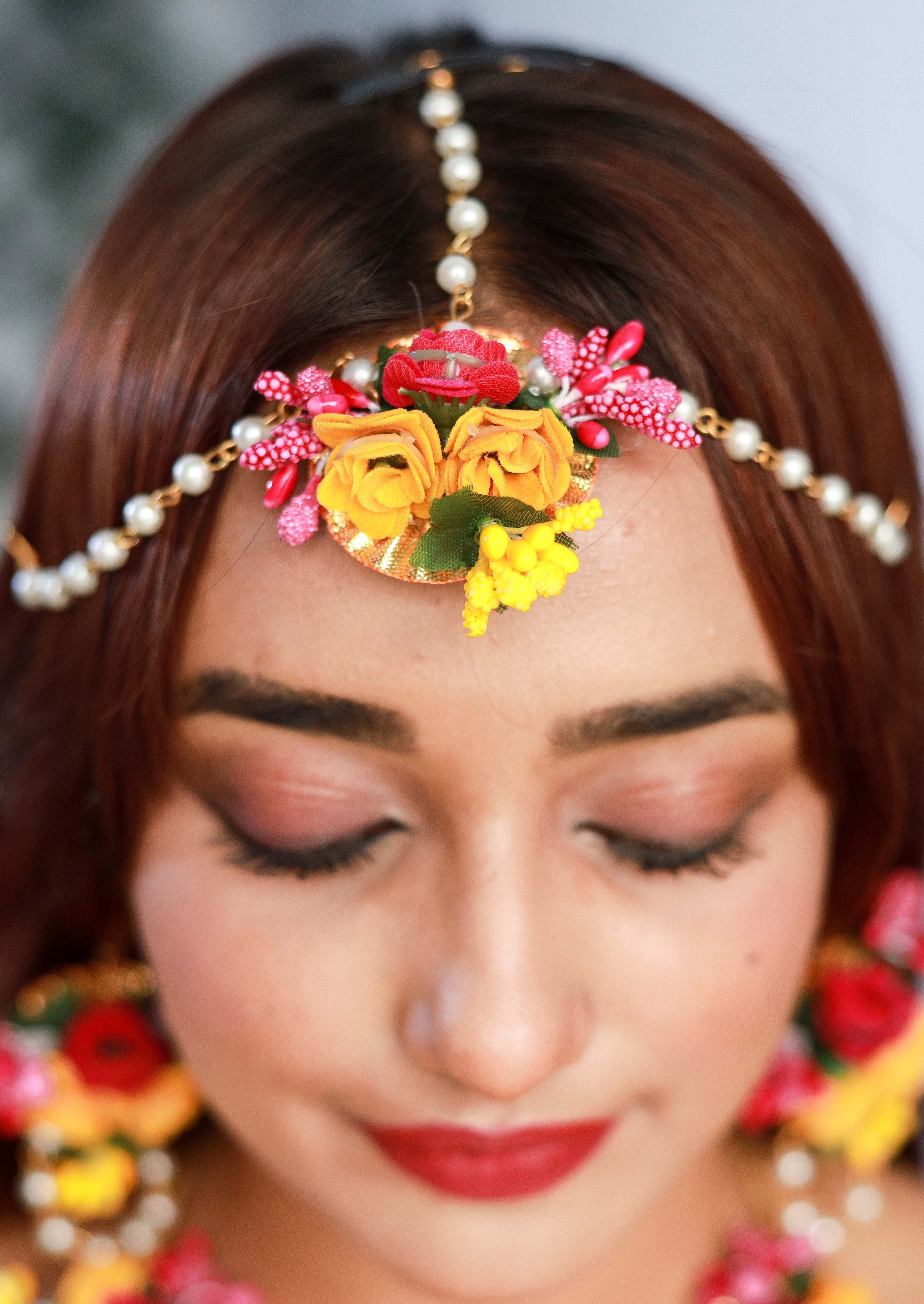 Handmade Pink Yellow Floral Jewelry Set with Pearl Detailing, Earrings & Maang Tikka for Haldi & Mehendi