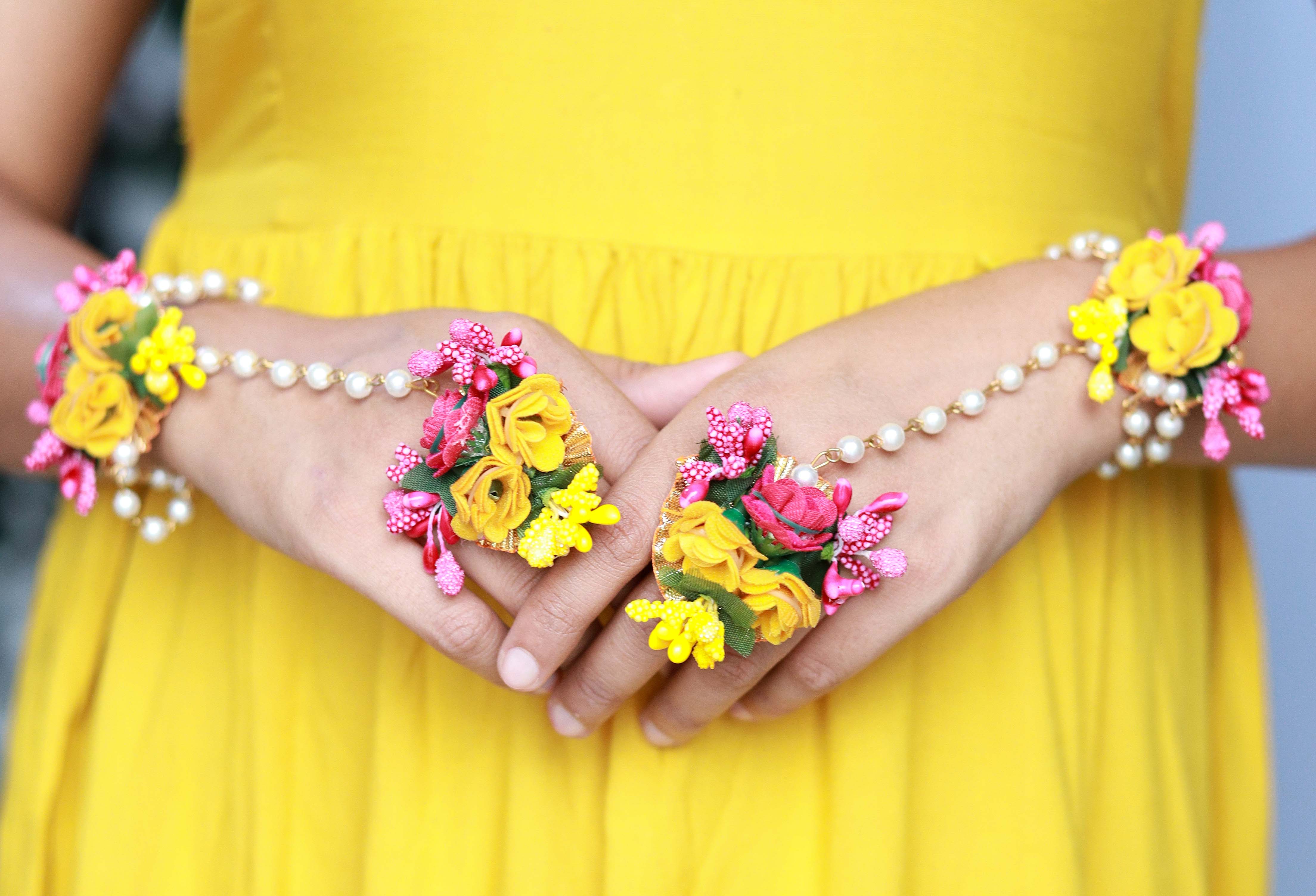 Handmade Pink Yellow Floral Jewelry Set with Pearl Detailing, Earrings & Maang Tikka for Haldi & Mehendi