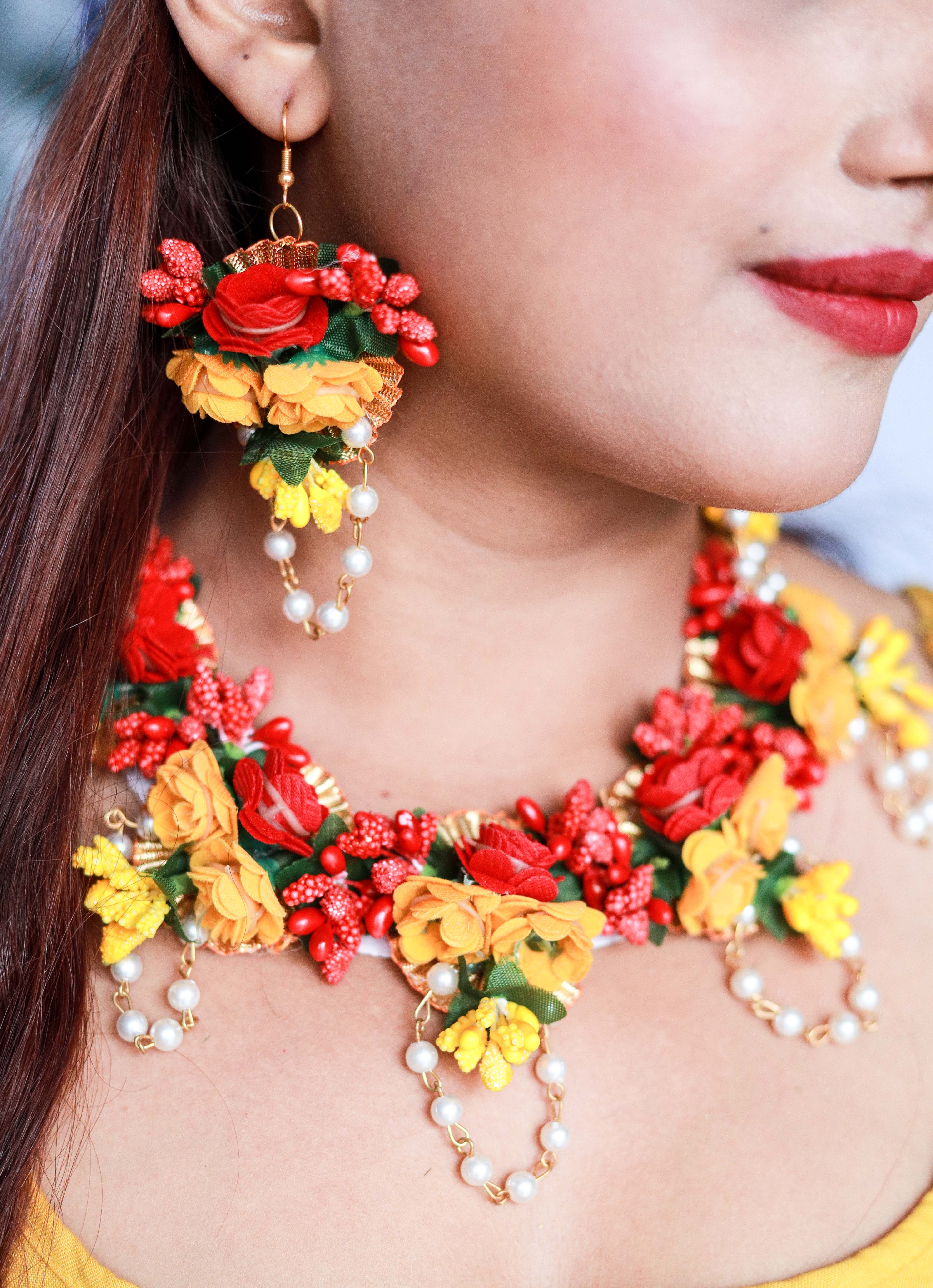Handmade Red Yellow Floral Choker Set with Matching Earrings & Pearl Detailing for Haldi, Mehendi & Bridal Functions