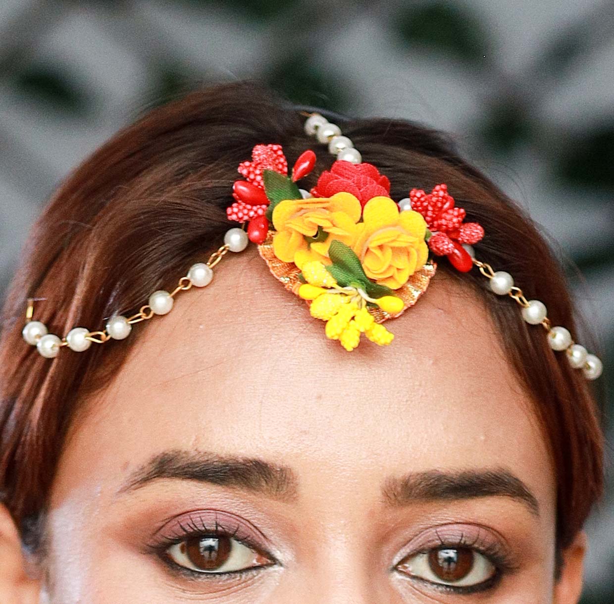 Handmade Red Yellow Floral Choker Set with Matching Earrings & Pearl Detailing for Haldi, Mehendi & Bridal Functions
