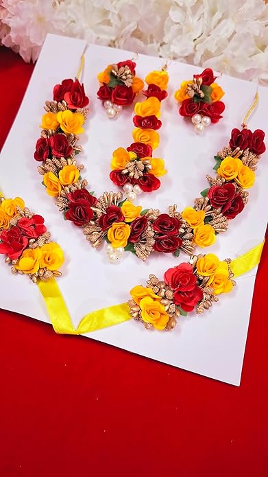 Floral Flower Jewellery Set for Brides & Bridesmaids | Necklace, Earrings, Bracelet & Maang Tikka | Bridal Jewellery for Haldi, Mehndi, Wedding & Baby Shower Functions