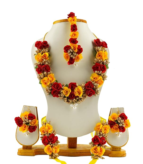 Floral Flower Jewellery Set for Brides & Bridesmaids | Necklace, Earrings, Bracelet & Maang Tikka | Bridal Jewellery for Haldi, Mehndi, Wedding & Baby Shower Functions