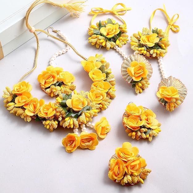 Flowers Jewellery Set For Haldi Gota Patti Necklace, Earrings, Bracelet & Maang Tika for Women & Girls (Mehandi/Haldi/Wedding/Bridal/Baby Shower)