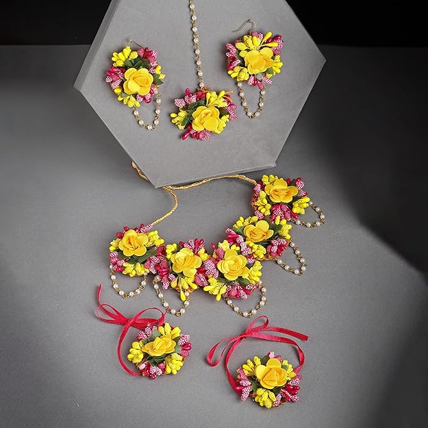 Flowers Jewellery Set For Haldi Gota Patti Necklace, Earrings, Bracelet & Maang Tika for Women & Girls (Mehandi/Haldi/Wedding/Bridal/Baby Shower)