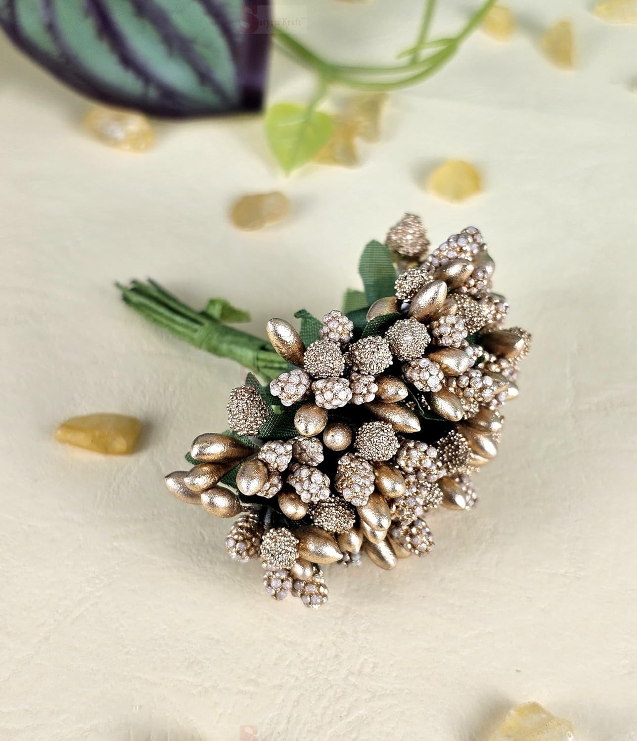 12 Bunch Decorative Artificial Gold Pollen Flower Perfect for Tiara, Wedding Jewelry & DIY Making Flowers for Bouquet, Hamper, Trousseau Decoration Items(12 Bunch of 144 Pollen Each)