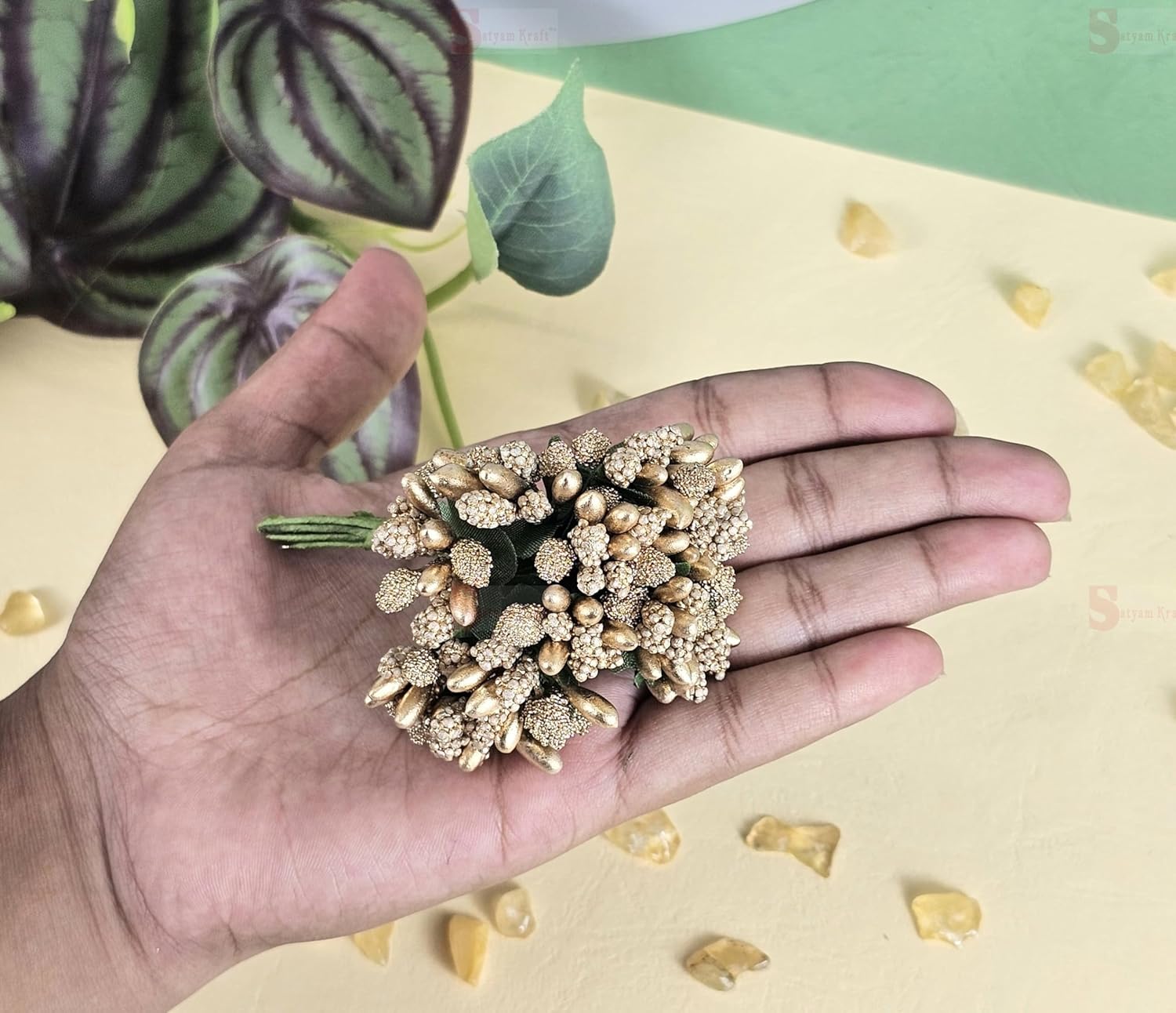 12 Bunch Decorative Artificial Gold Pollen Flower Perfect for Tiara, Wedding Jewelry & DIY Making Flowers for Bouquet, Hamper, Trousseau Decoration Items(12 Bunch of 144 Pollen Each)