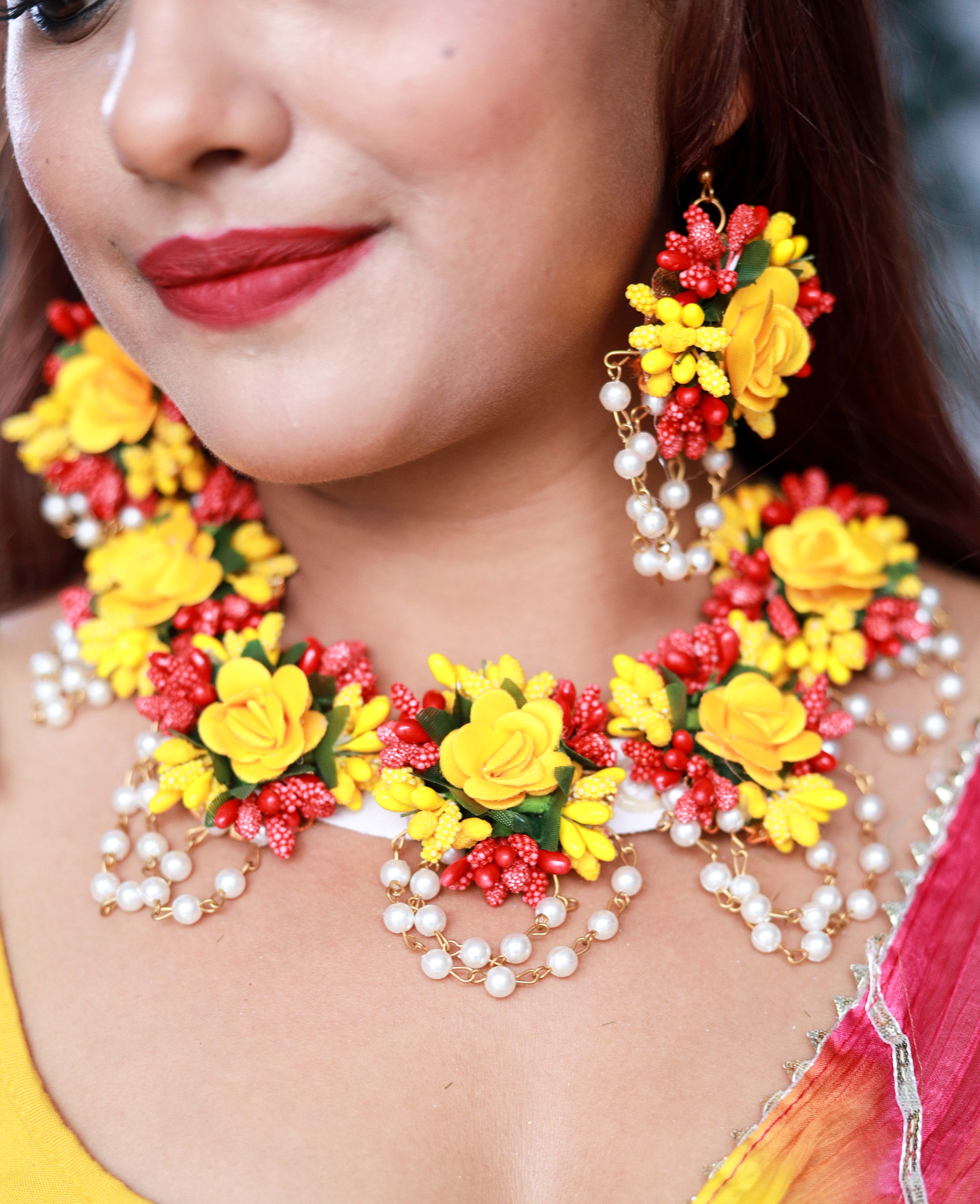 Handmade Yellow Red Floral Jewelry Set with Pearl Detailing, Earrings & Maang Tikka for Haldi & Mehendi