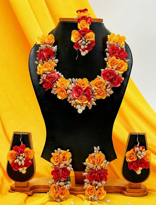 Floral Flower Jewellery Set for Brides & Bridesmaids | Necklace, Earrings, Bracelet & Maang Tikka | Bridal Jewellery for Haldi, Mehndi, Wedding & Baby Shower Functions