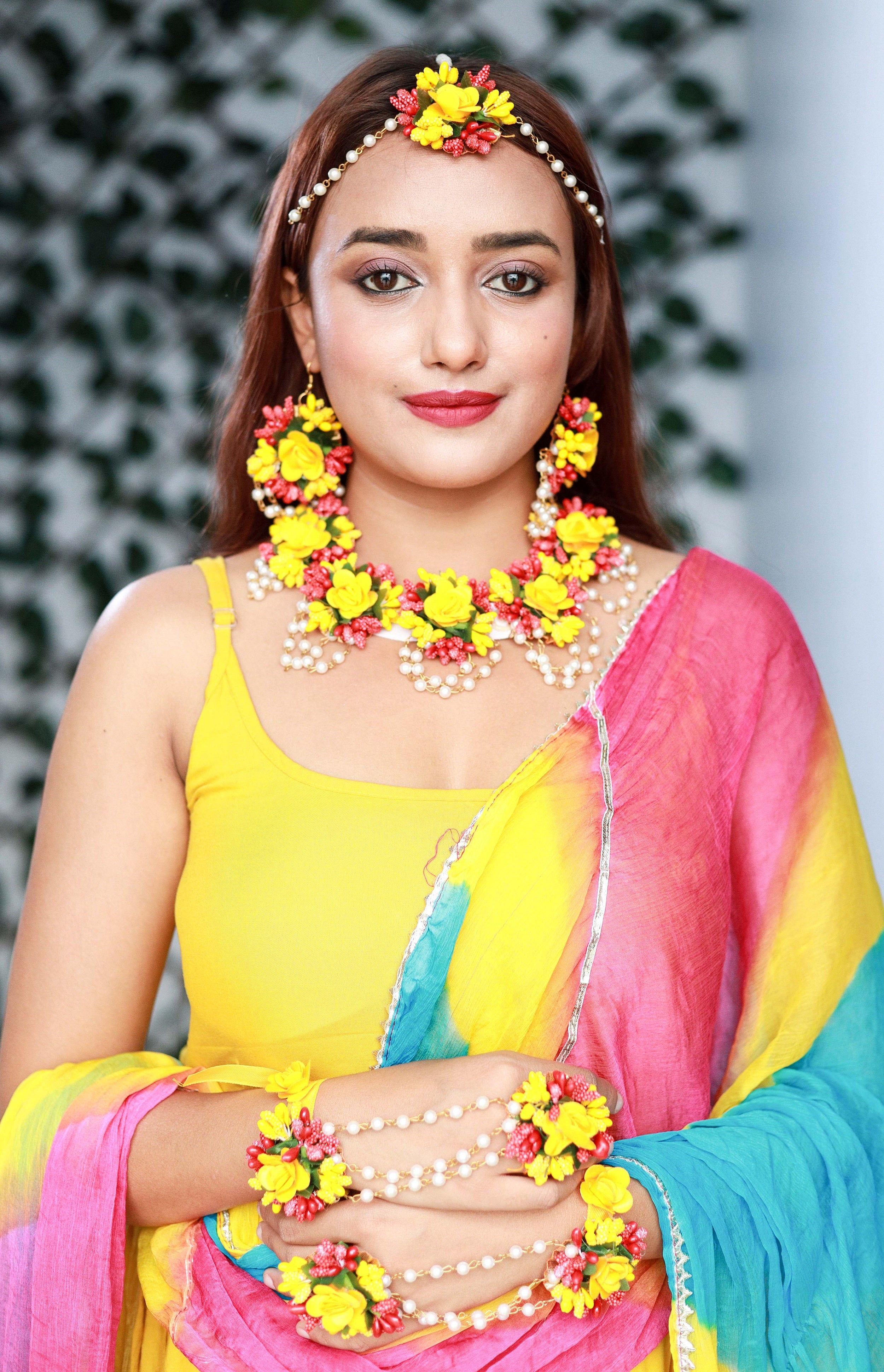 Handmade Yellow Red Floral Jewelry Set with Pearl Detailing, Earrings & Maang Tikka for Haldi & Mehendi