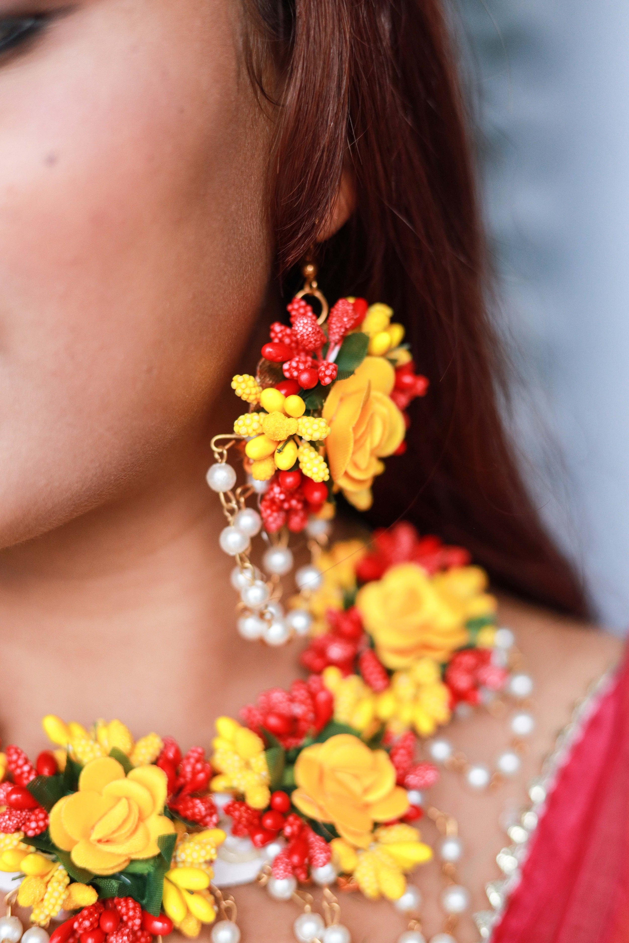 Handmade Yellow Red Floral Jewelry Set with Pearl Detailing, Earrings & Maang Tikka for Haldi & Mehendi
