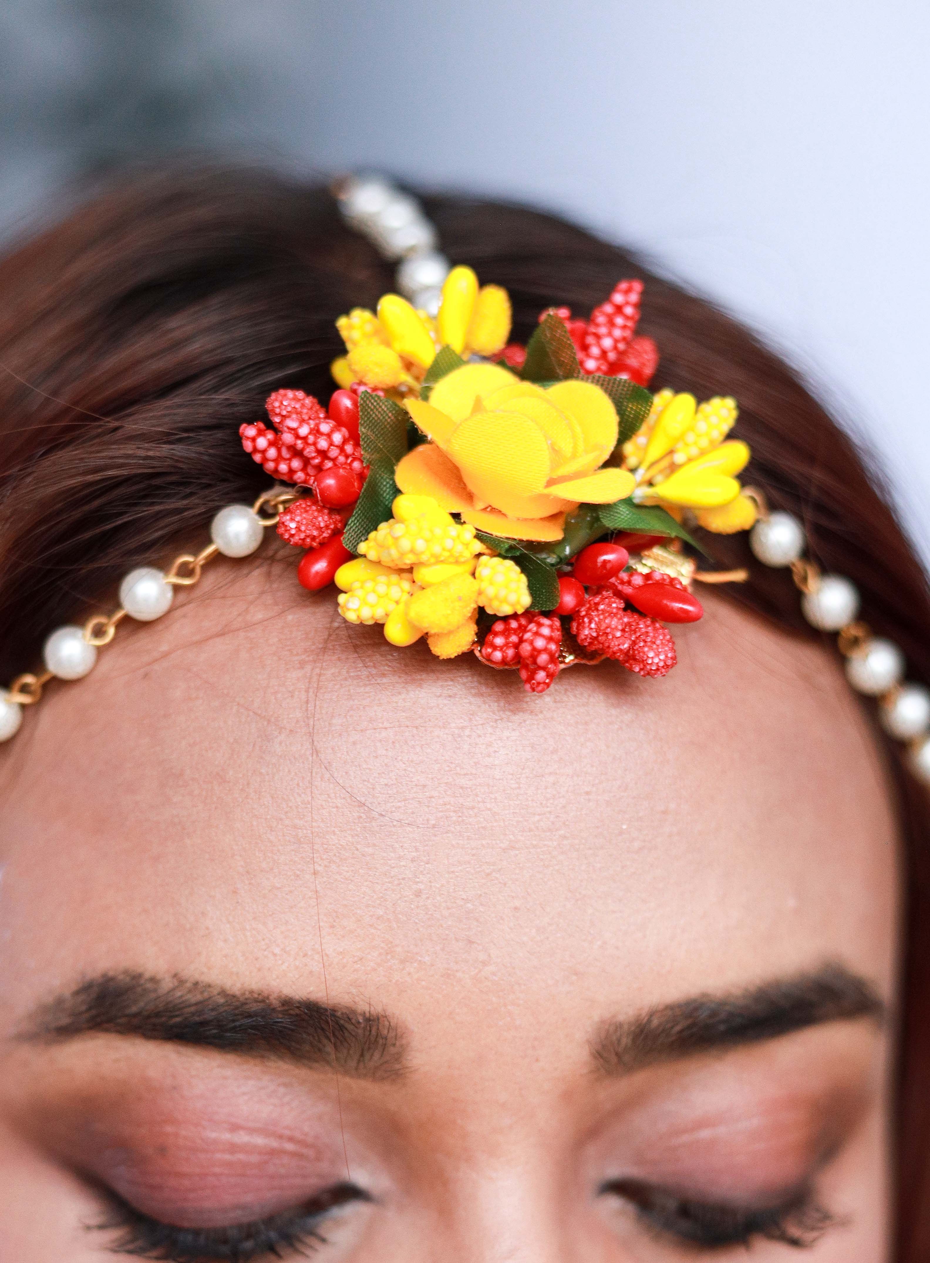Handmade Yellow Red Floral Jewelry Set with Pearl Detailing, Earrings & Maang Tikka for Haldi & Mehendi