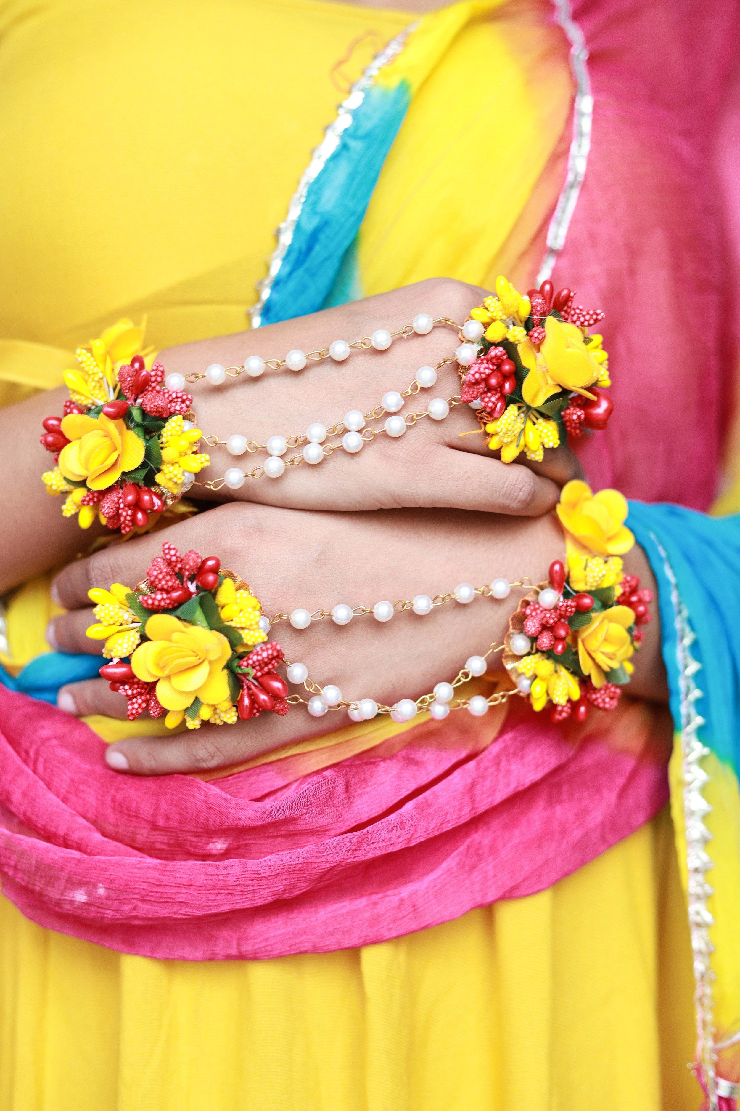 Handmade Yellow Red Floral Jewelry Set with Pearl Detailing, Earrings & Maang Tikka for Haldi & Mehendi
