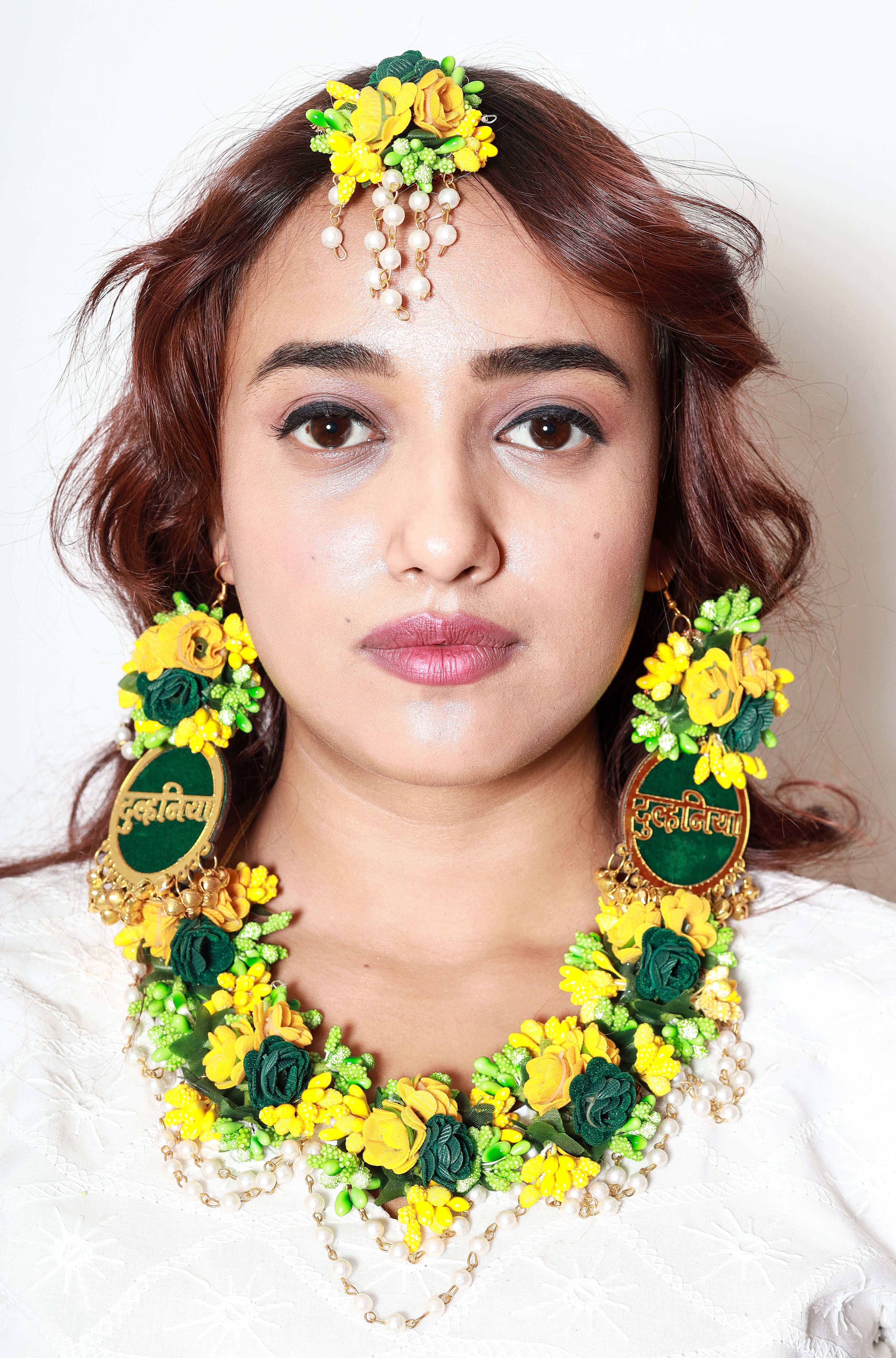 Personalized Yellow & Green Floral Jewelry Set with Earrings, Maang Tikka & Pearl Detailing for Haldi & Mehendi