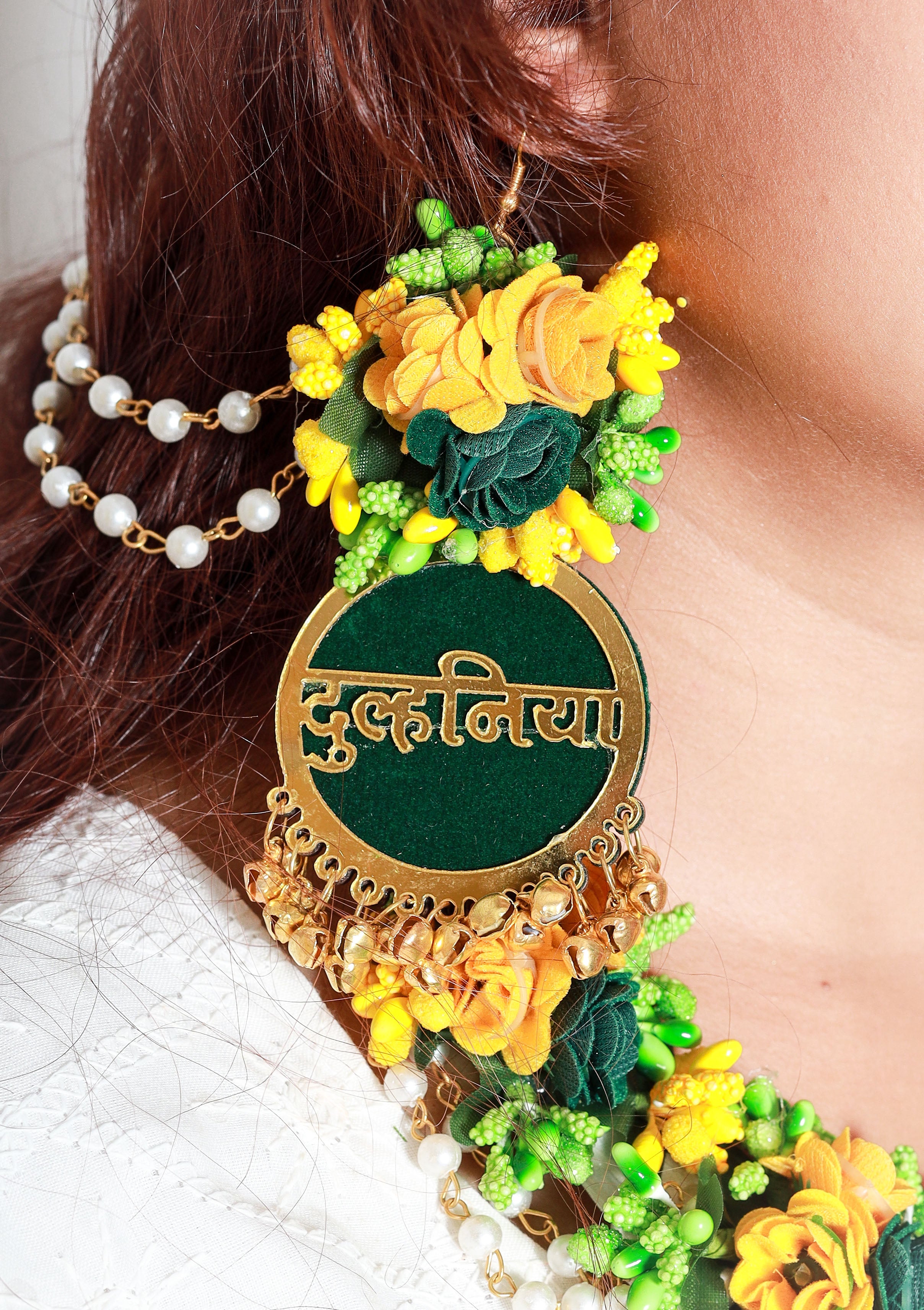 Personalized Yellow & Green Floral Jewelry Set with Earrings for Haldi & Mehendi