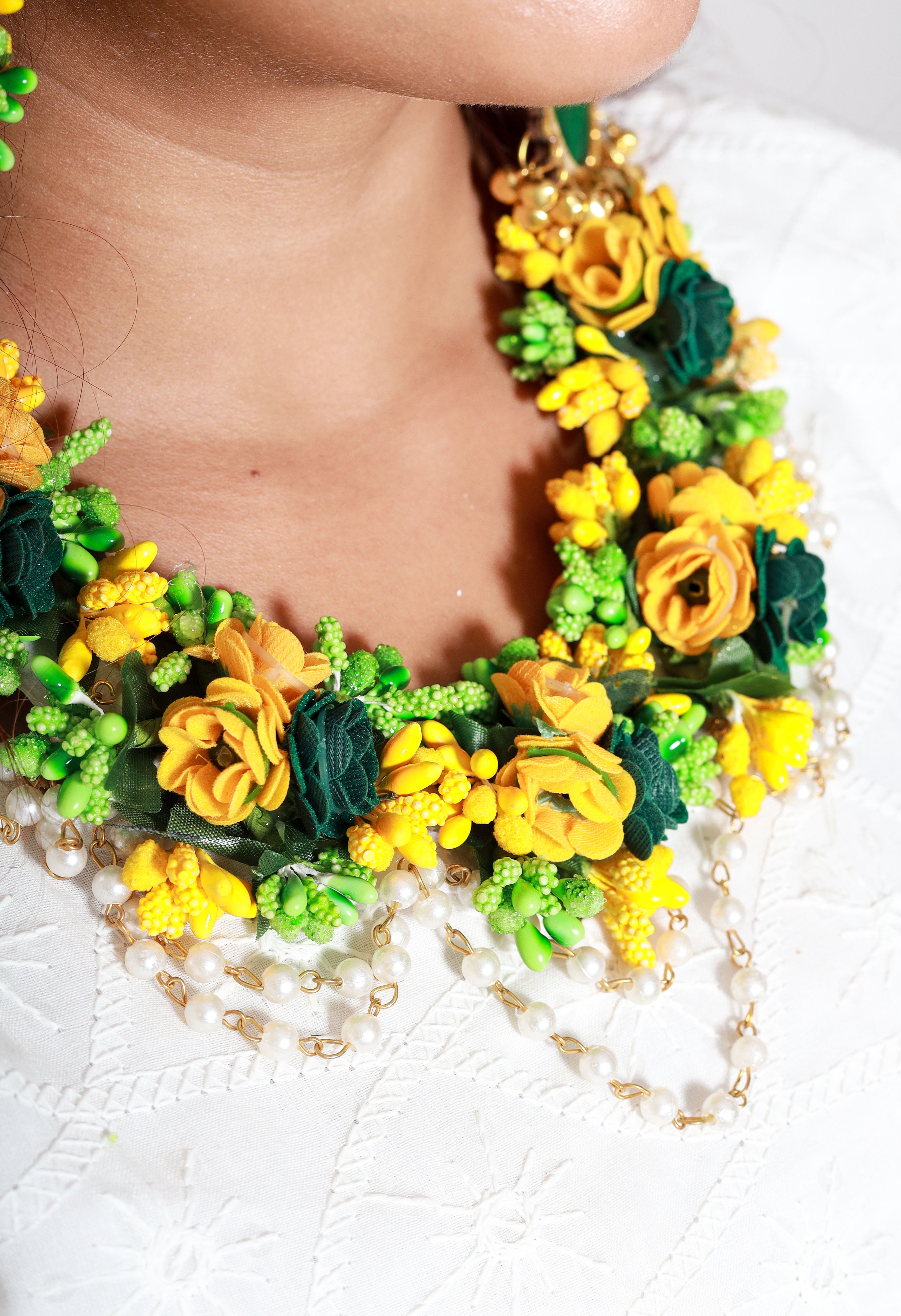 Personalized Yellow & Green Floral Jewelry Set with Earrings for Haldi & Mehendi